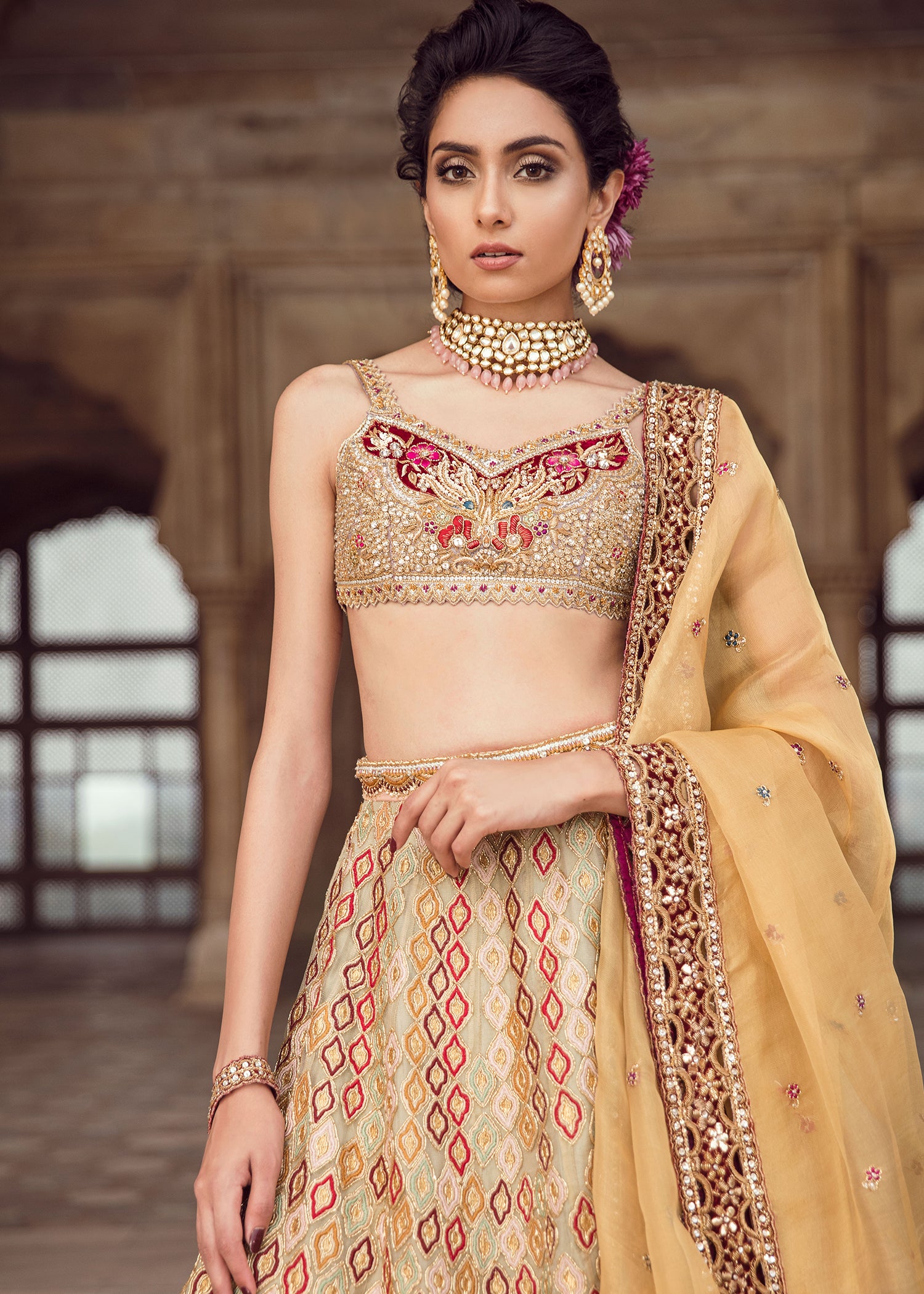 Gold Maroon Embellished Silk-Brocade Lehenga Choli (3-Piece) - Image 3