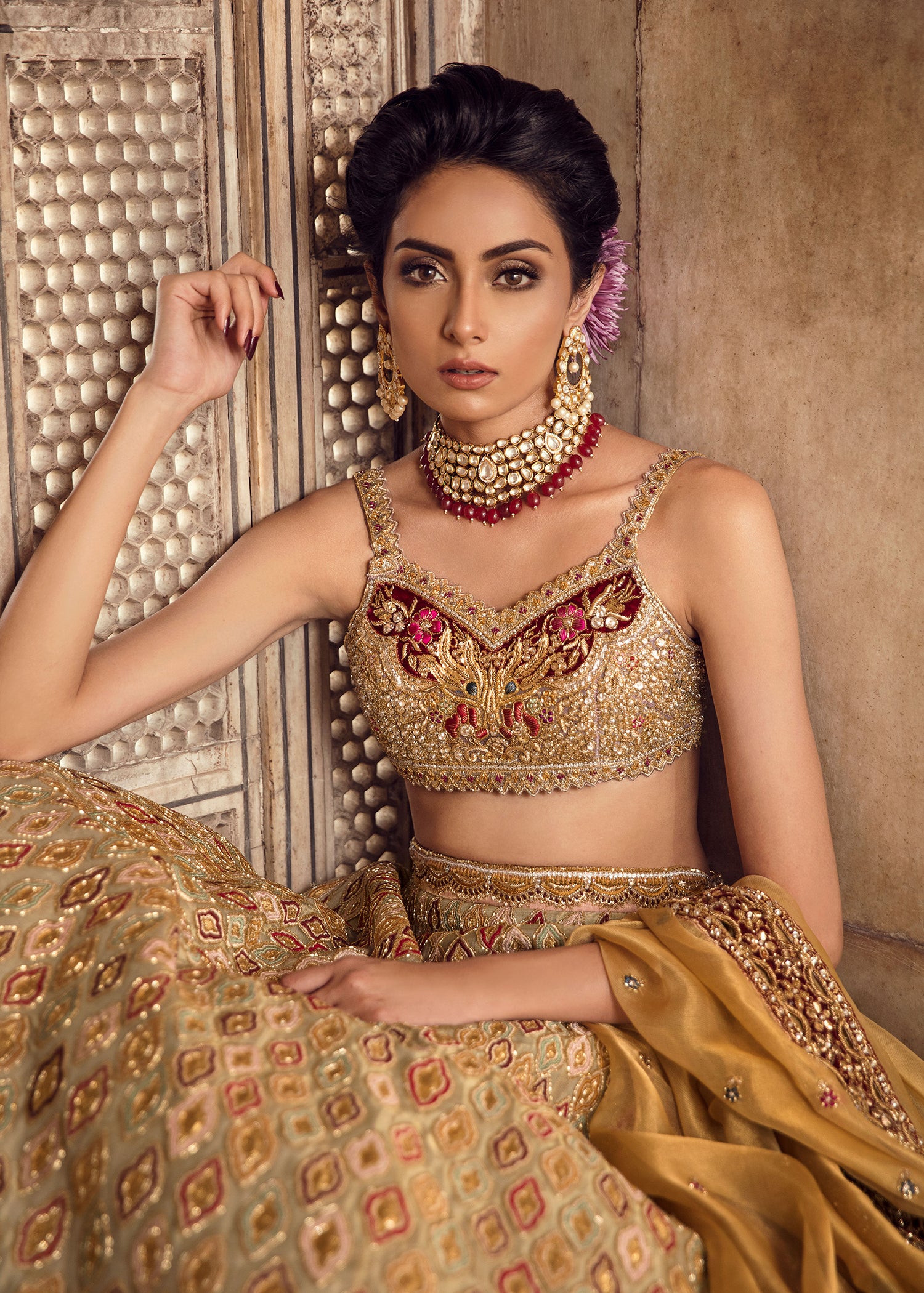 Gold Maroon Embellished Silk-Brocade Lehenga Choli (3-Piece) - Image 4