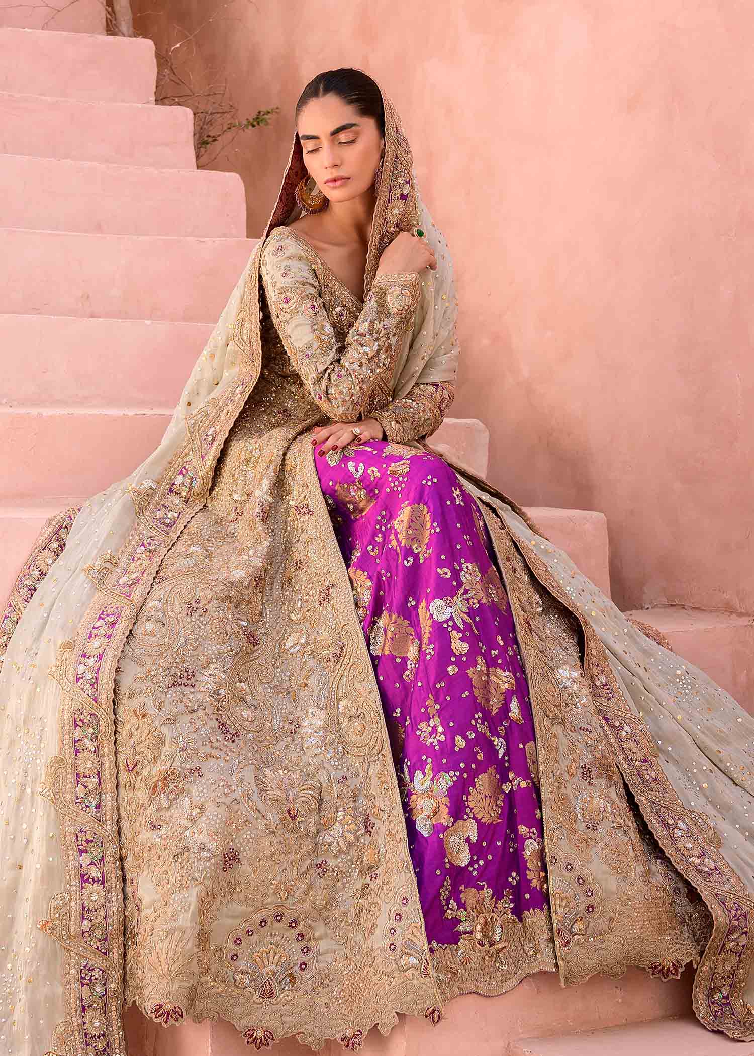 Pakistani Gold Embellished Brocade Lehenga Gown (3-Piece) - Image 2