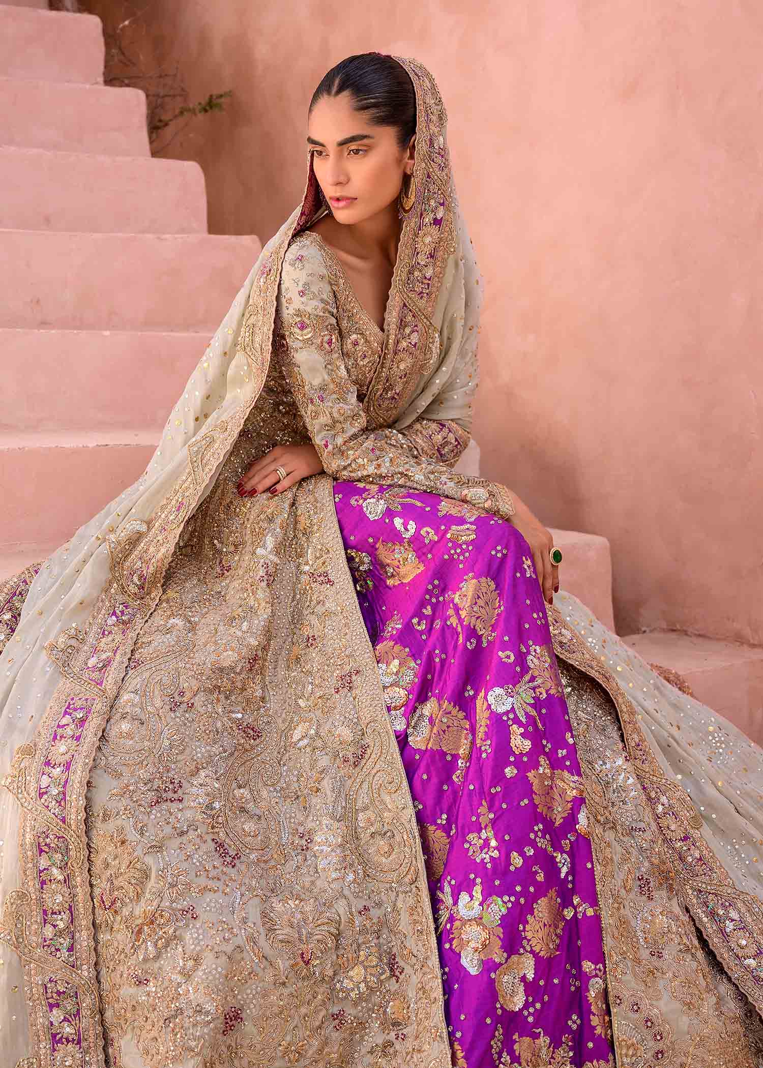 Pakistani Gold Embellished Brocade Lehenga Gown (3-Piece) - Image 6