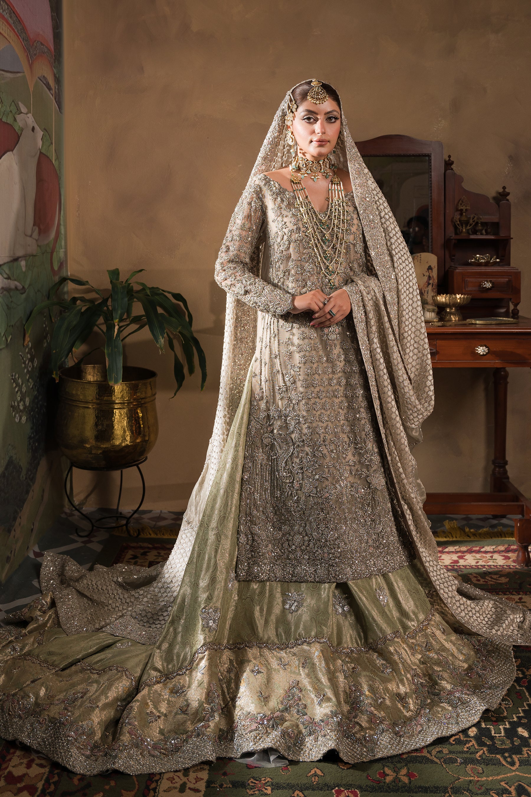 Silvery Champagne Zardozi Farshi Lehenga (3-Piece) - Image 1