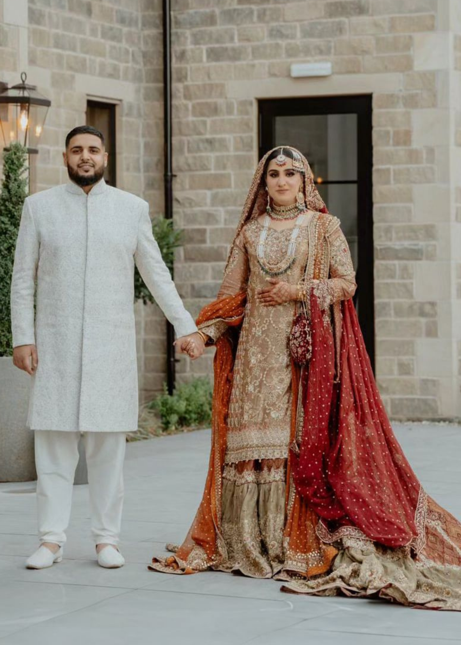 Pakistani Deep Red Gold Embroidered Brocade Silk Bridal Lehenga (3-Piece) - Image 2