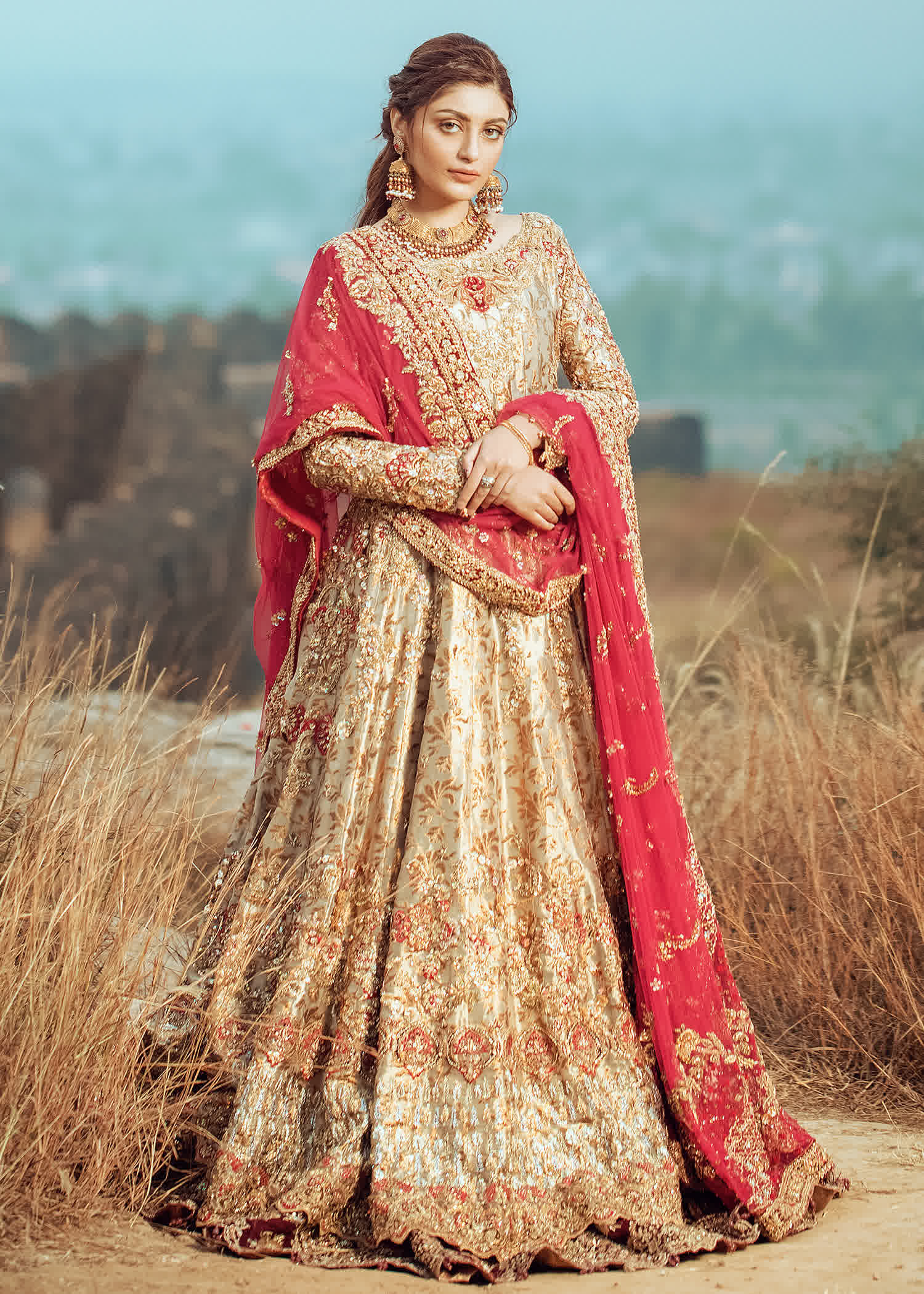 Gold and Red Embroidered Brocade Bridal Lehenga (3-Piece) - Image 1