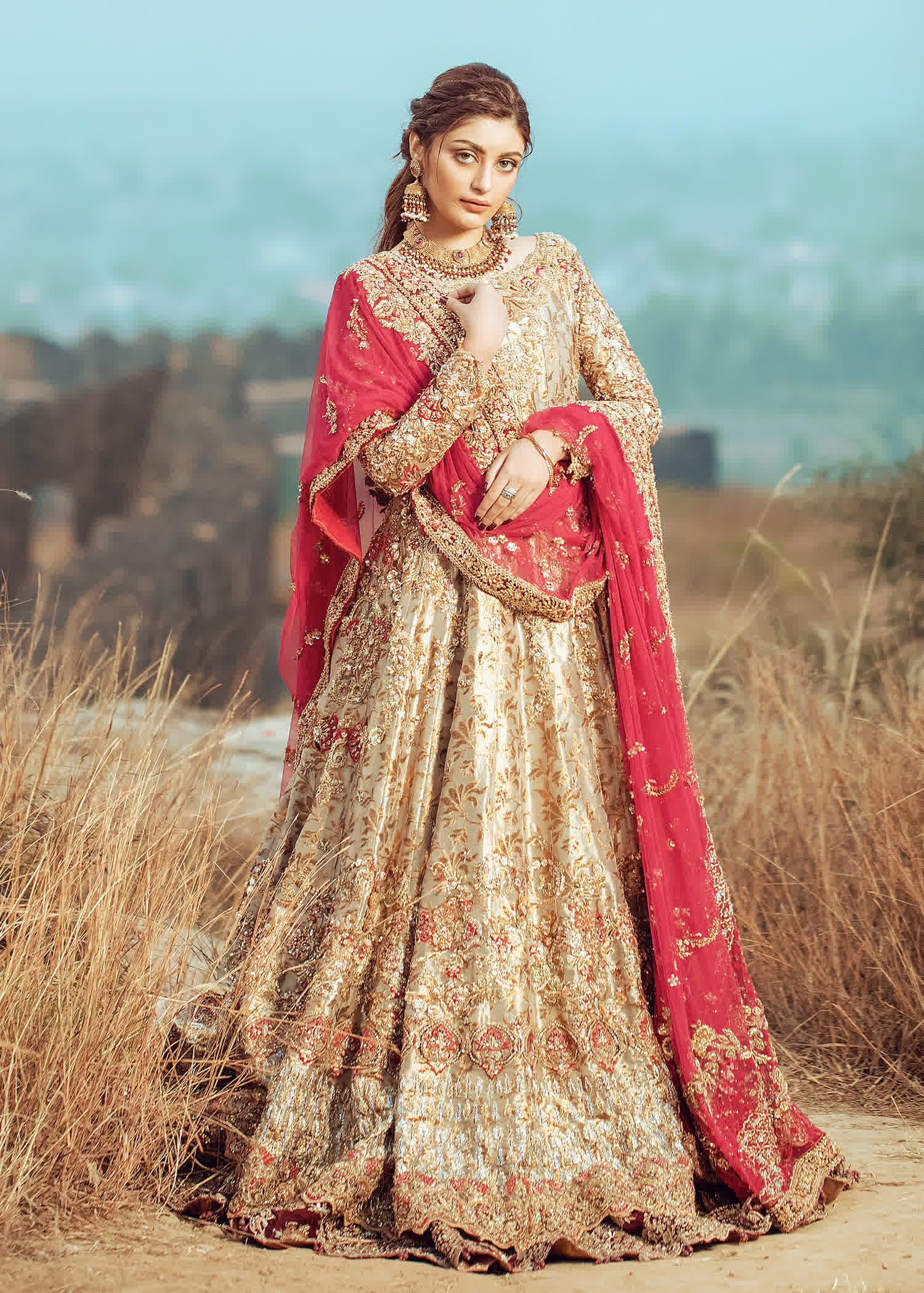 Gold and Red Embroidered Brocade Bridal Lehenga (3-Piece) - Image 2