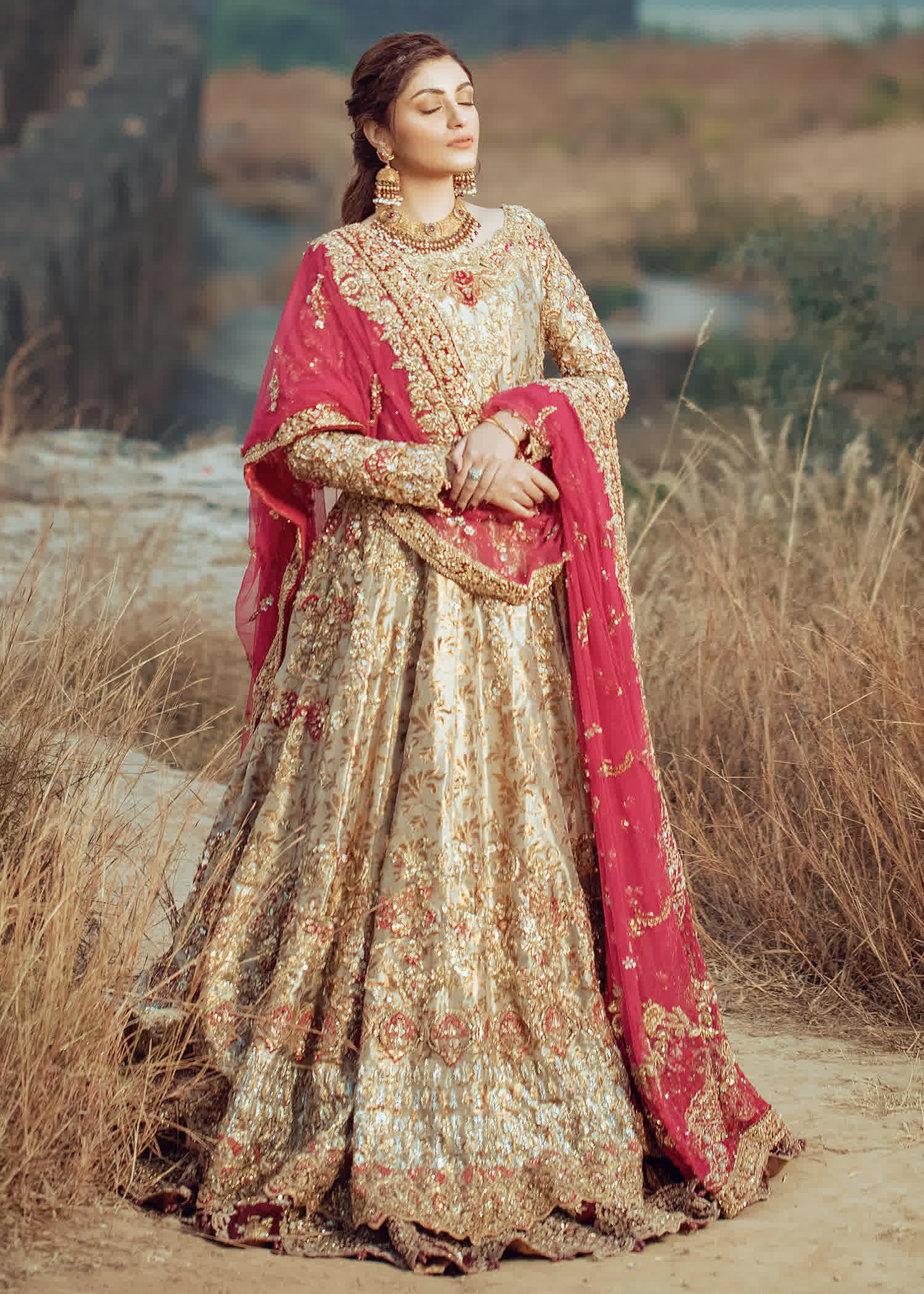 Gold and Red Embroidered Brocade Bridal Lehenga (3-Piece) - Image 3