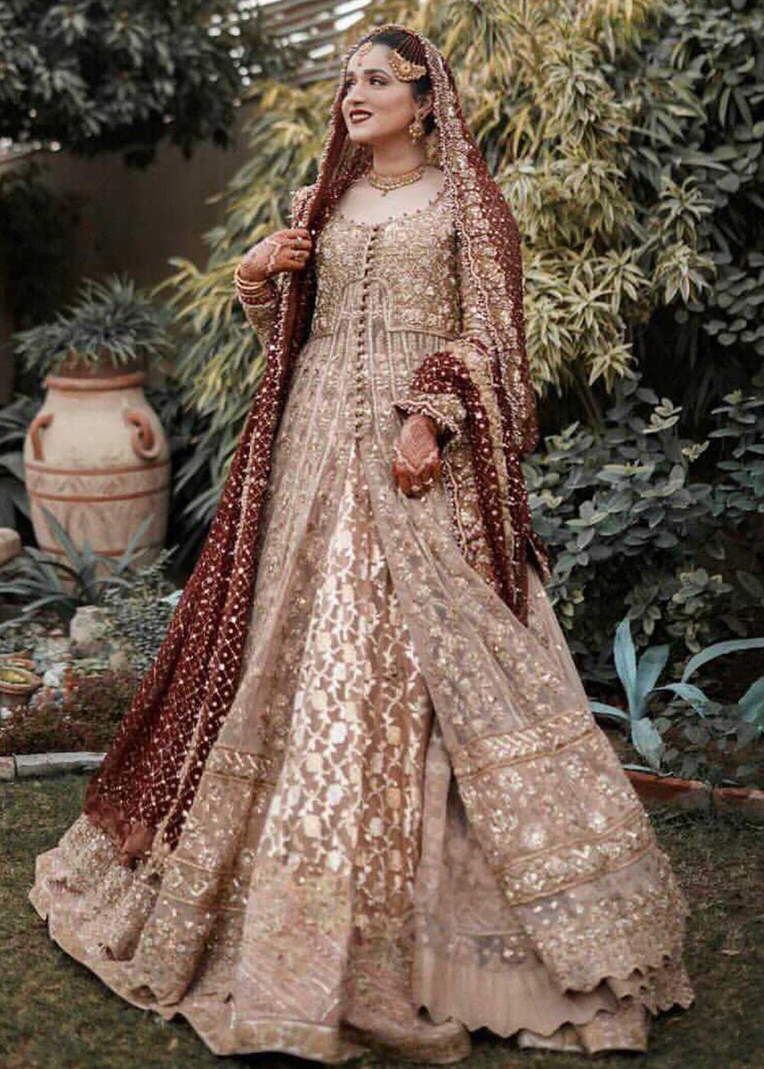 Pakistani Champagne Gold Zardozi Brocade Bridal Lehenga (3-Piece) - Image 1