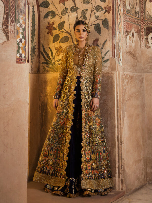 Pakistani Antique Gold Zardozi Silk Bridal Jacket & Lehenga (2-Piece) - Image 1