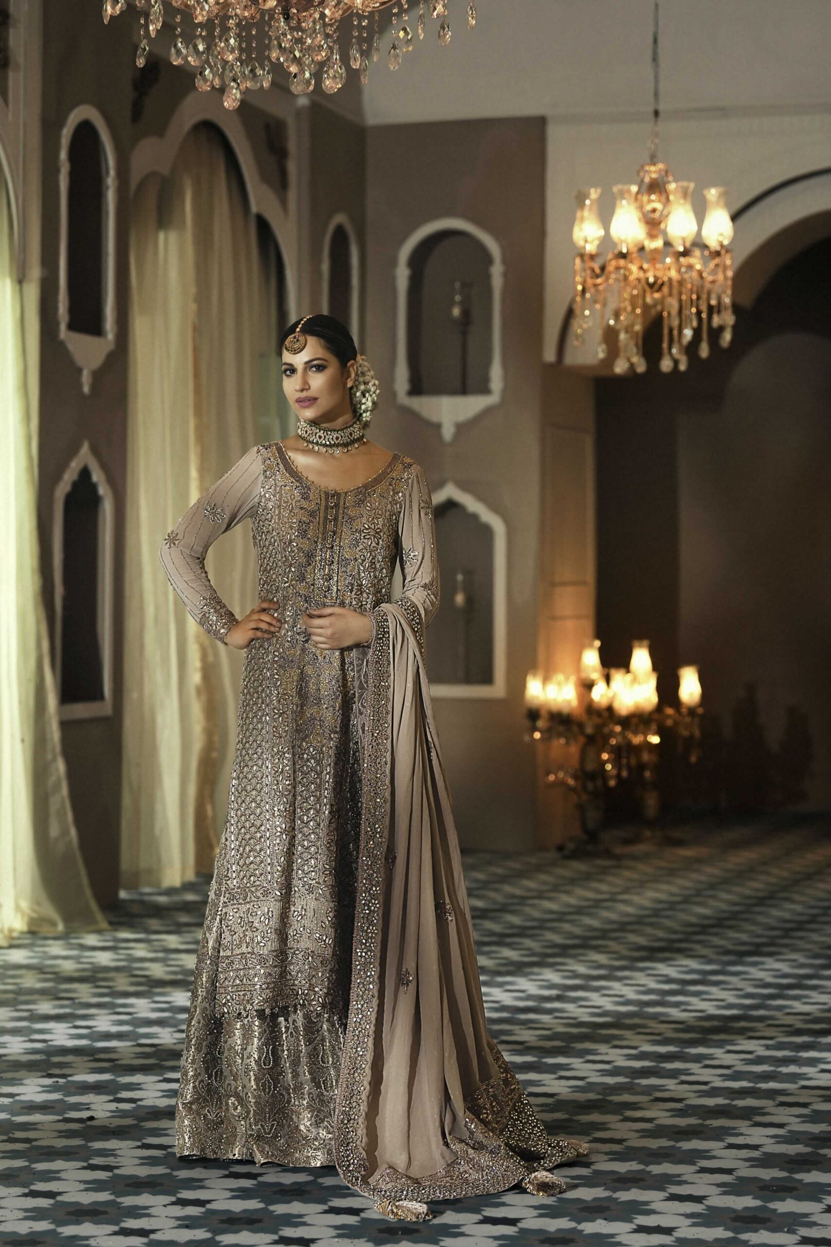 Pakistani Antique Gold Chiffon Chikankari Bridal Lehenga (3-Piece) - Image 2