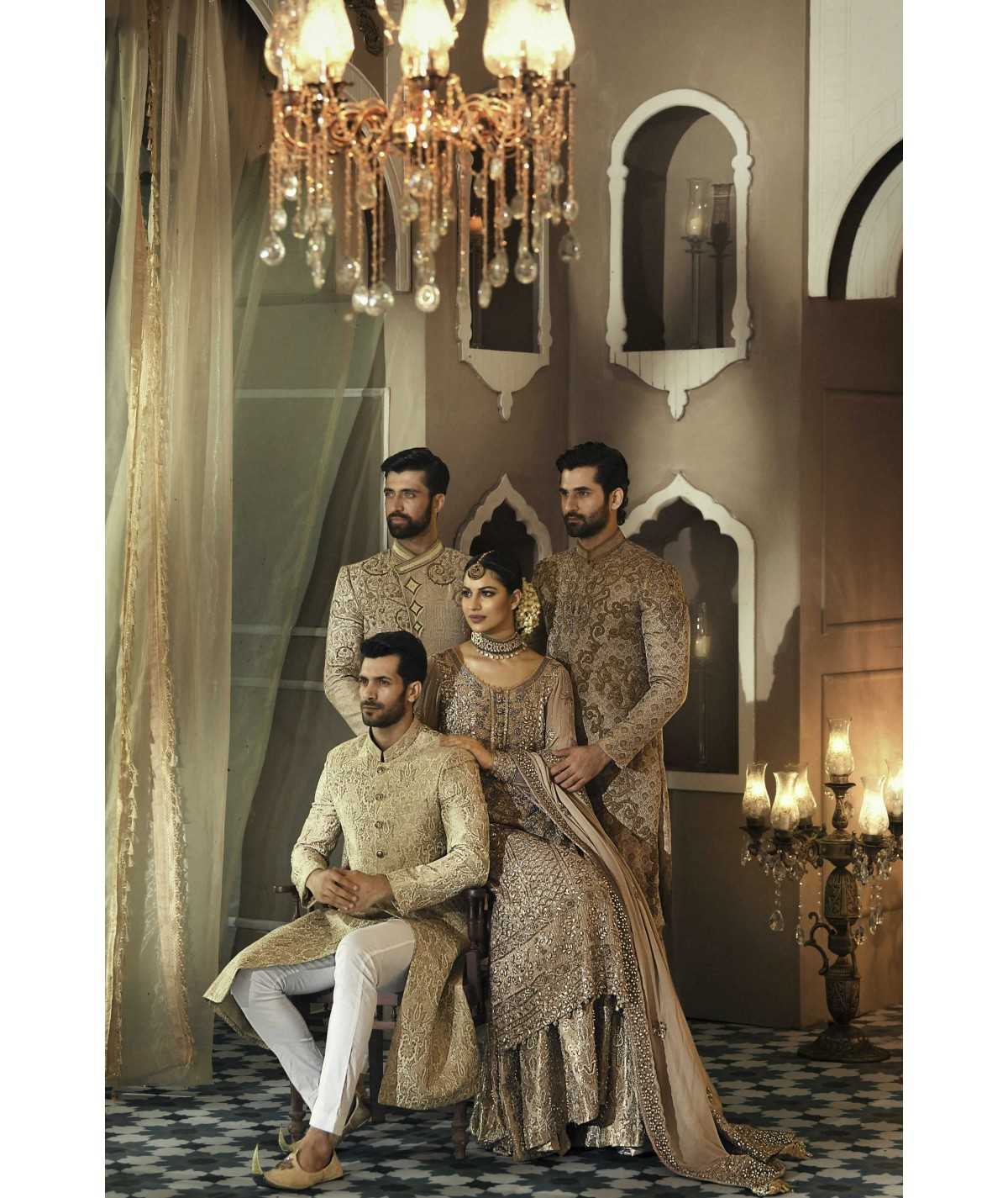 Pakistani Antique Gold Chiffon Chikankari Bridal Lehenga (3-Piece) - Image 3