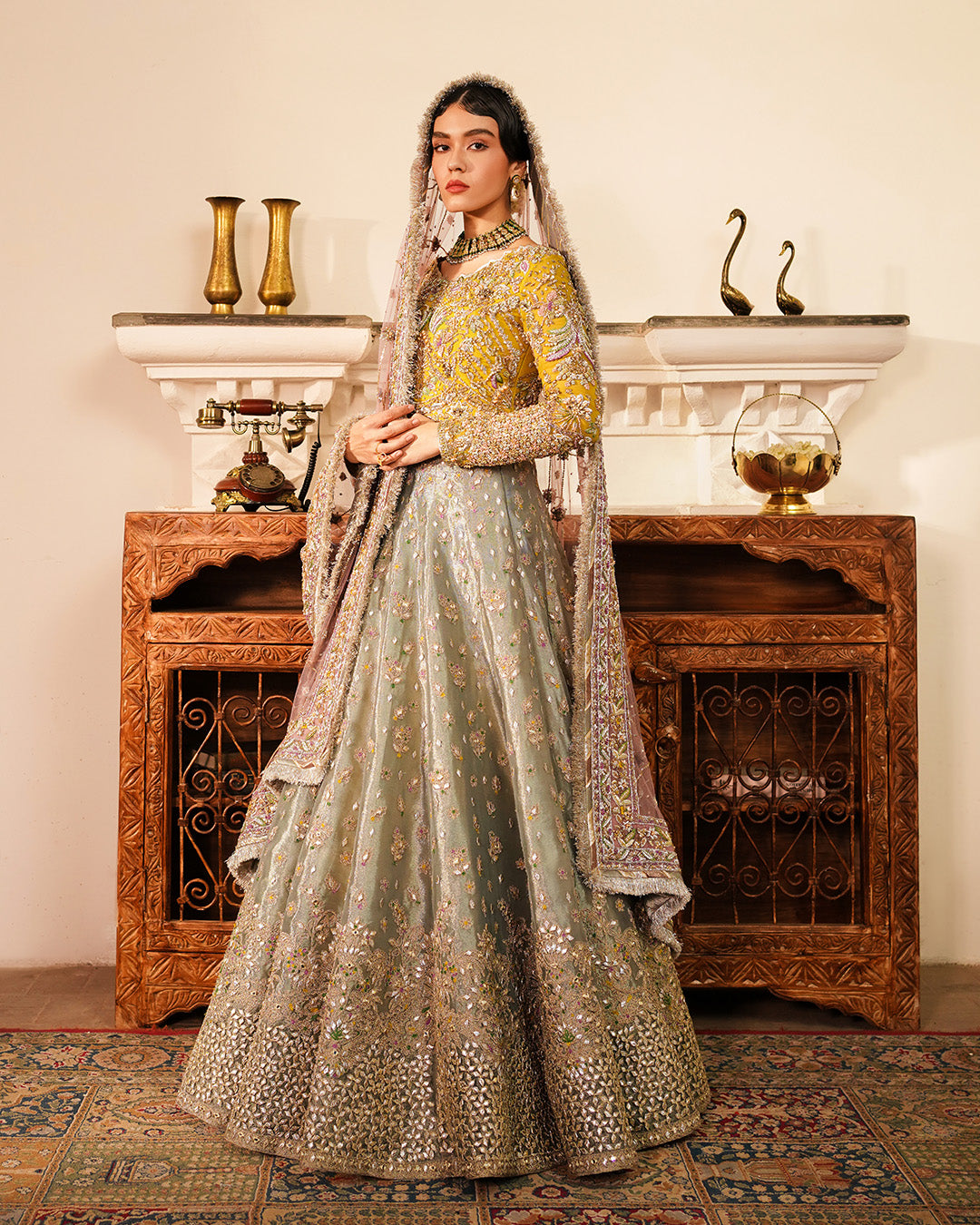 Pakistani Multicolour Embroidered Chiffon Choli & Tissue Lehenga (3-Piece) - Image 1