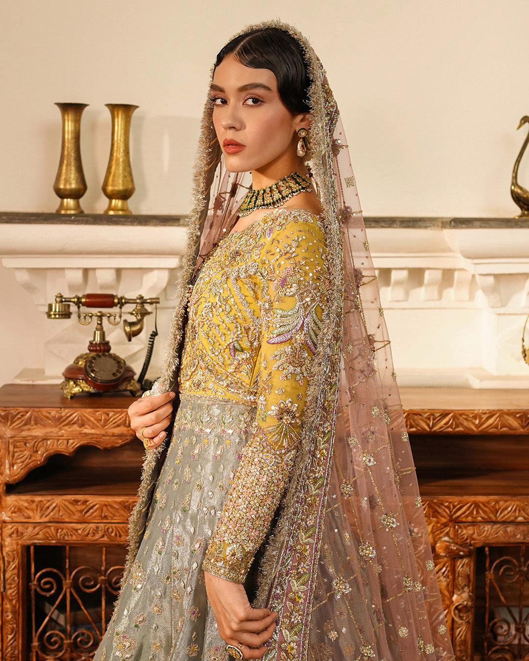 Pakistani Multicolour Embroidered Chiffon Choli & Tissue Lehenga (3-Piece) - Image 2