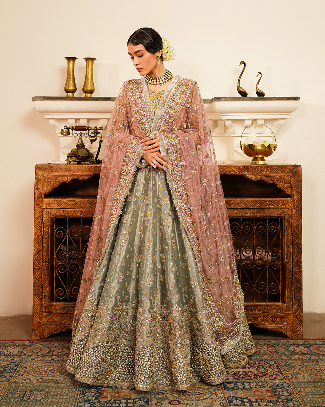 Pakistani Multicolour Embroidered Chiffon Choli & Tissue Lehenga (3-Piece) - Image 4