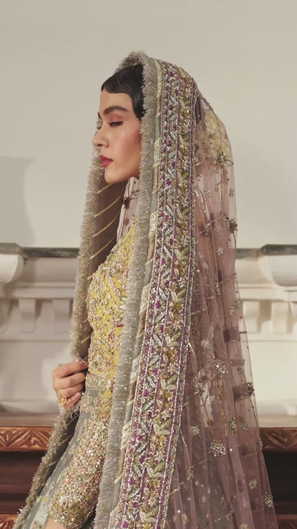 Pakistani Multicolour Embroidered Chiffon Choli & Tissue Lehenga (3-Piece) - Image 7