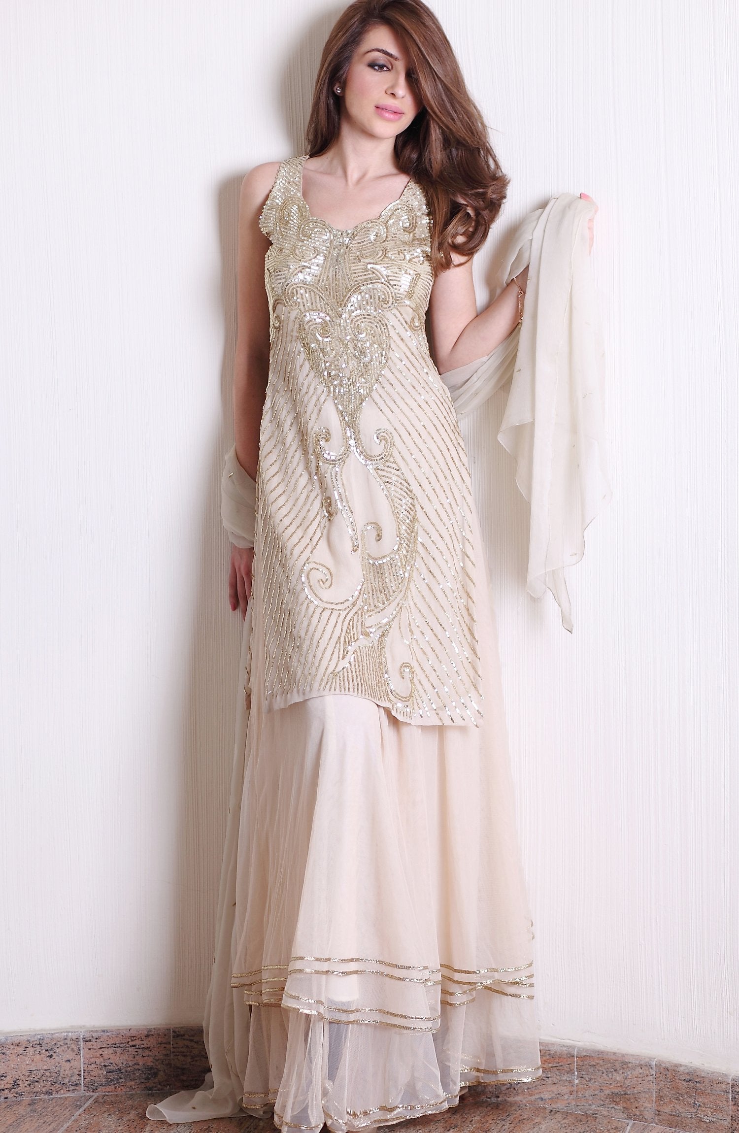 Gold Sequin Embroidered Chiffon Lehenga Set (3-Piece) - Image 2