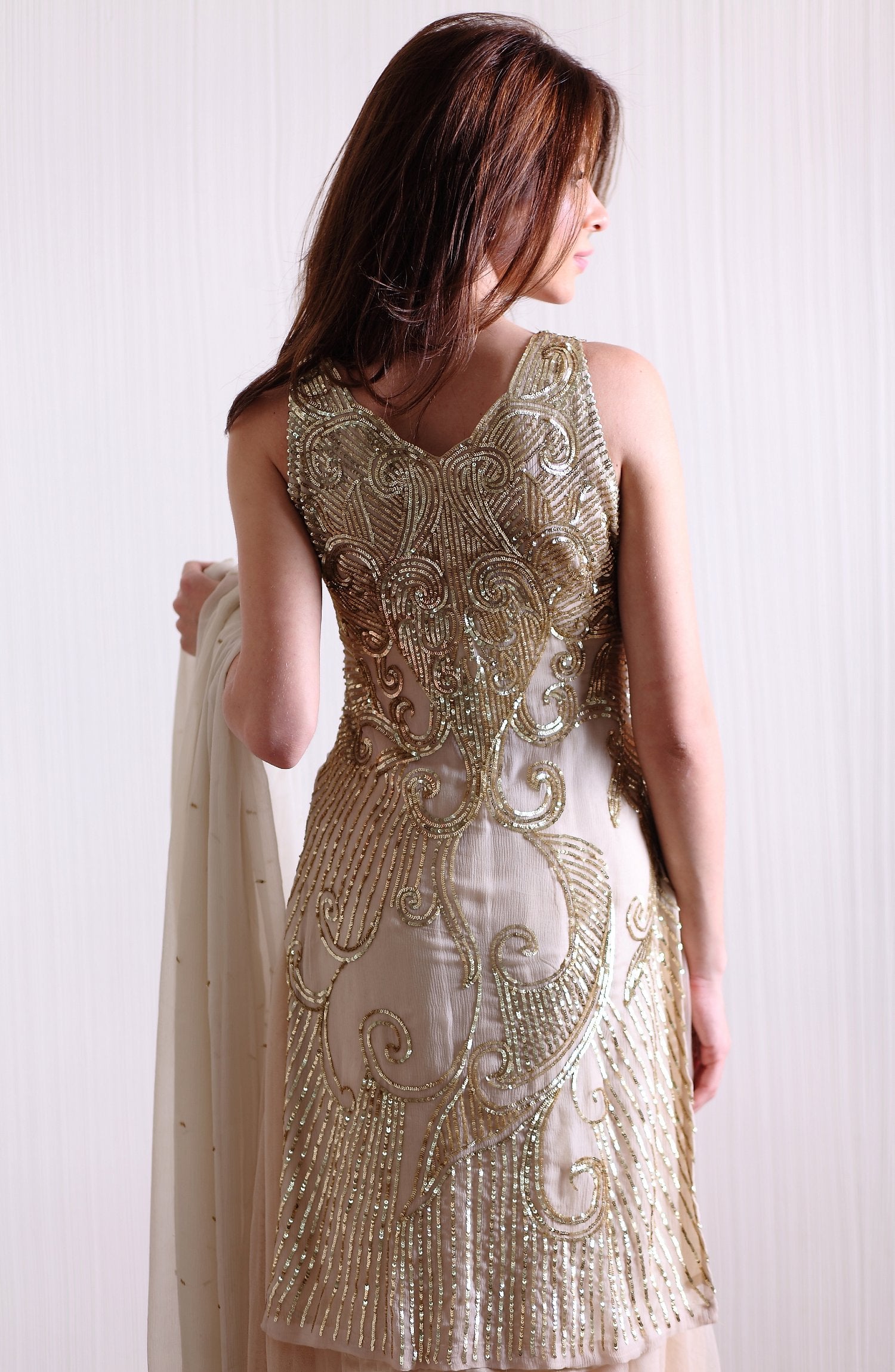 Gold Sequin Embroidered Chiffon Lehenga Set (3-Piece) - Image 3