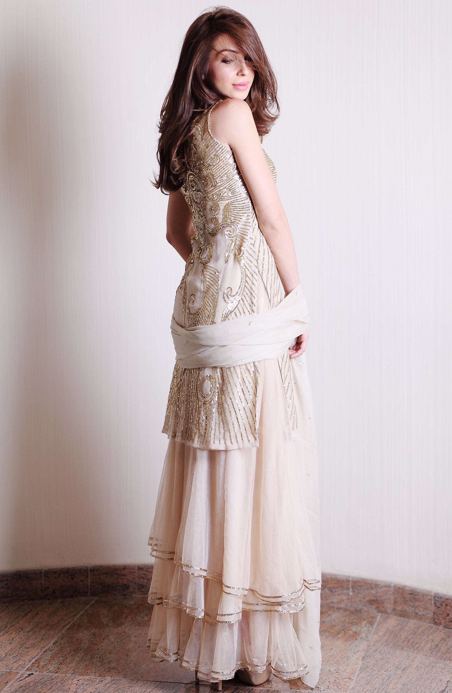 Gold Sequin Embroidered Chiffon Lehenga Set (3-Piece) - Image 4