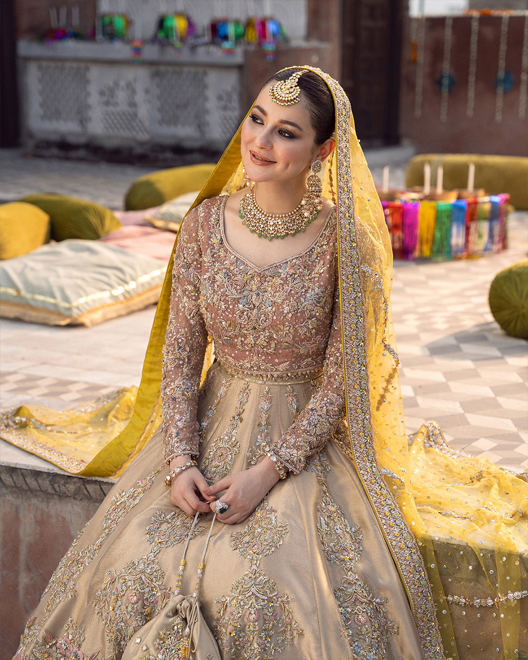 Pakistani Yellow Tea Pink Golden Embellished Chiffon Lehenga (3-Piece) - Image 2