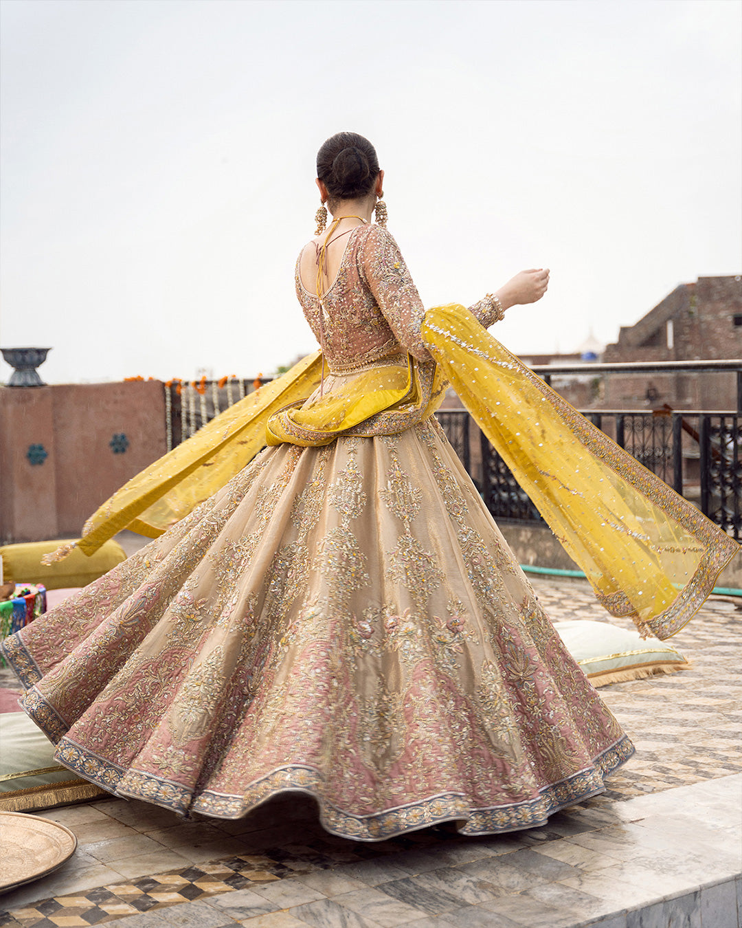 Pakistani Yellow Tea Pink Golden Embellished Chiffon Lehenga (3-Piece) - Image 3