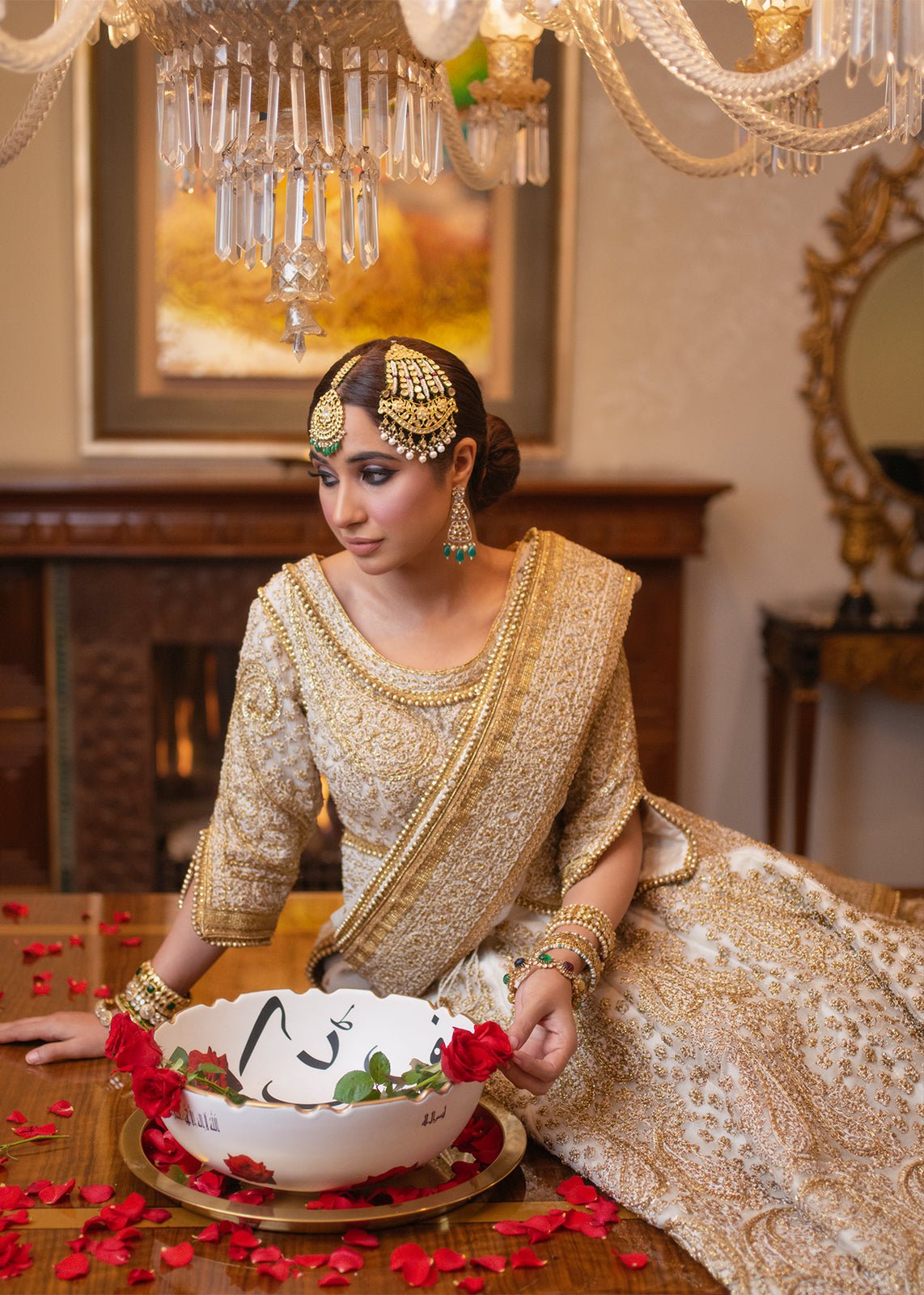 Pakistani Gold & White Embroidered Cotton Net Lehenga Choli (4-Piece) - Image 2