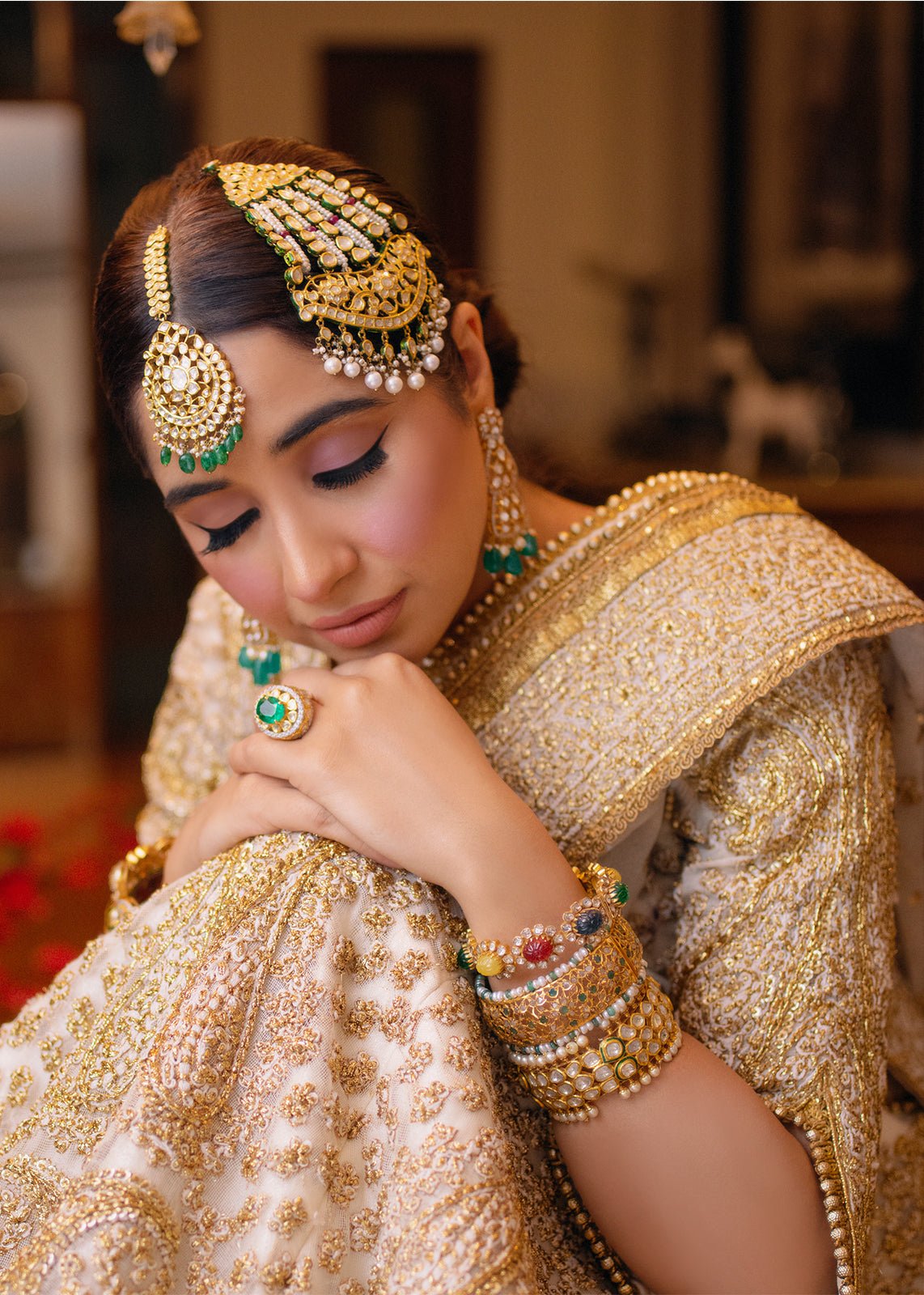 Pakistani Gold & White Embroidered Cotton Net Lehenga Choli (4-Piece) - Image 3