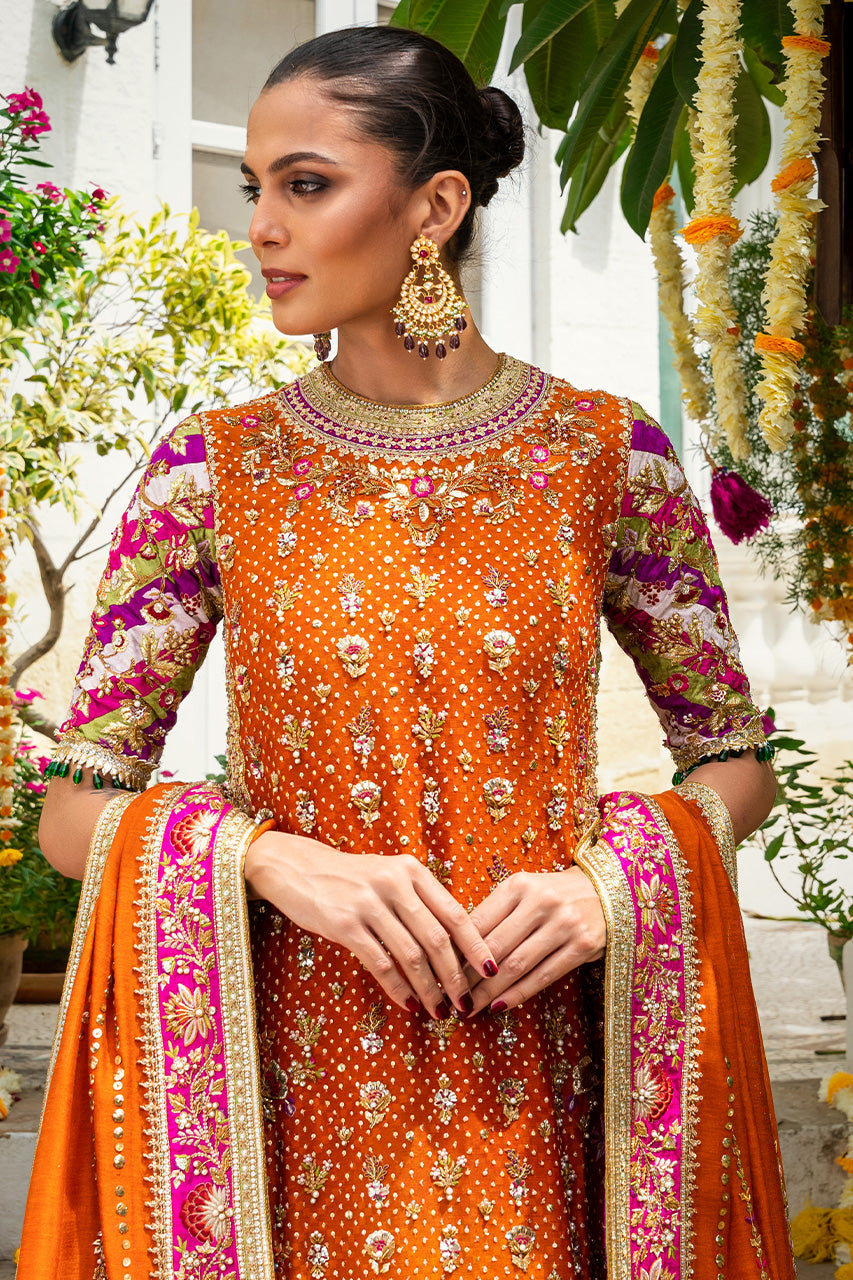 Ochre Zardozi Cotton Net & Brocade Bridal Lehenga (3-Piece) - Image 1