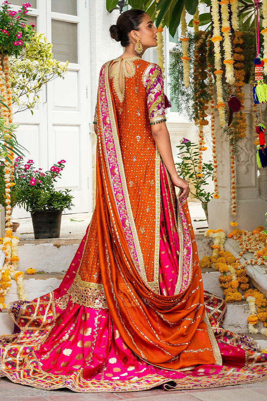 Ochre Zardozi Cotton Net & Brocade Bridal Lehenga (3-Piece) - Image 3