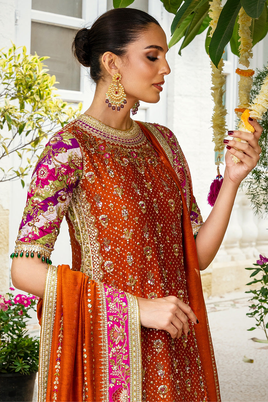 Ochre Zardozi Cotton Net & Brocade Bridal Lehenga (3-Piece) - Image 4