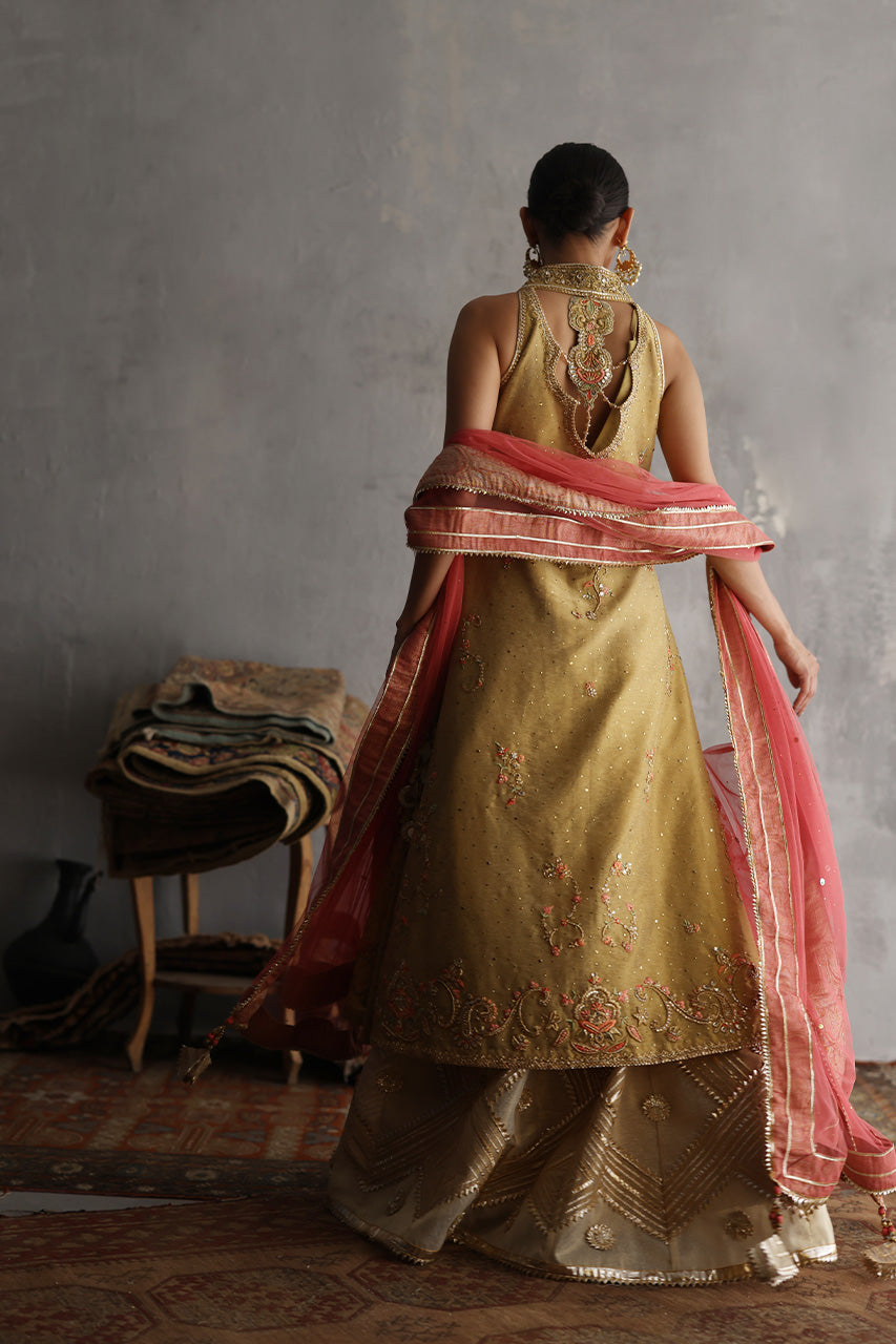 Gold Embroidered Cotton Zari Lehenga Set (3-Piece) - Image 2