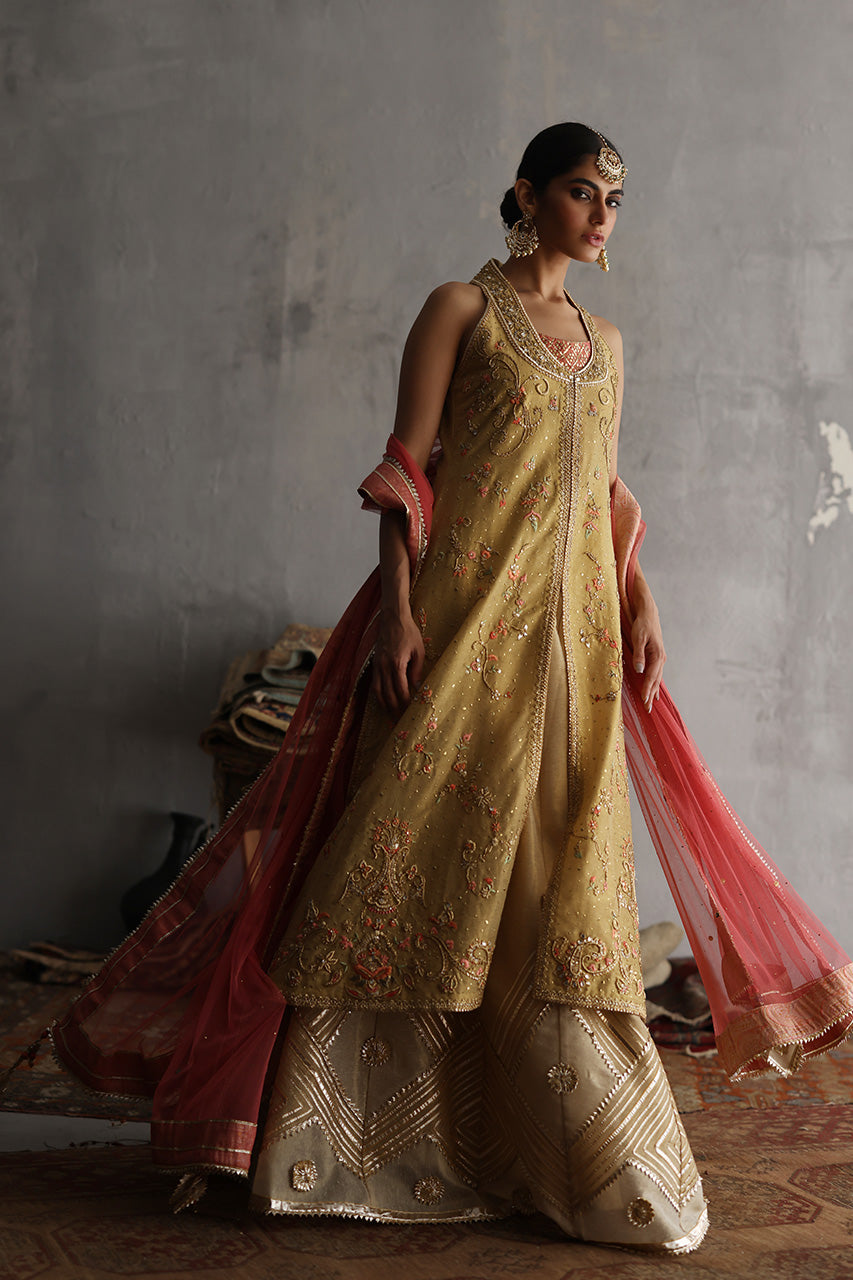 Gold Embroidered Cotton Zari Lehenga Set (3-Piece) - Image 3