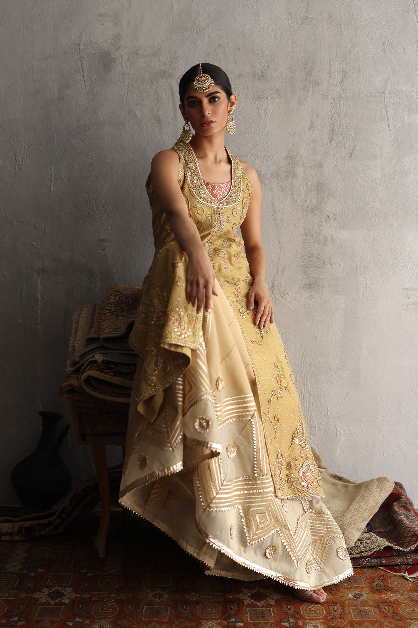 Gold Embroidered Cotton Zari Lehenga Set (3-Piece) - Image 4