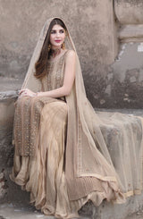 Pakistani Gold Hand-Embroidered Chiffon Tunic with Silk Lehenga (3-Piece) - Image 3