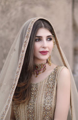 Pakistani Gold Hand-Embroidered Chiffon Tunic with Silk Lehenga (3-Piece) - Image 4