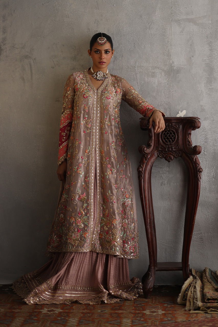 Pakistani Rose Gold Zardozi Meysuri Long Shirt & Lehenga (2-Piece) - Image 1