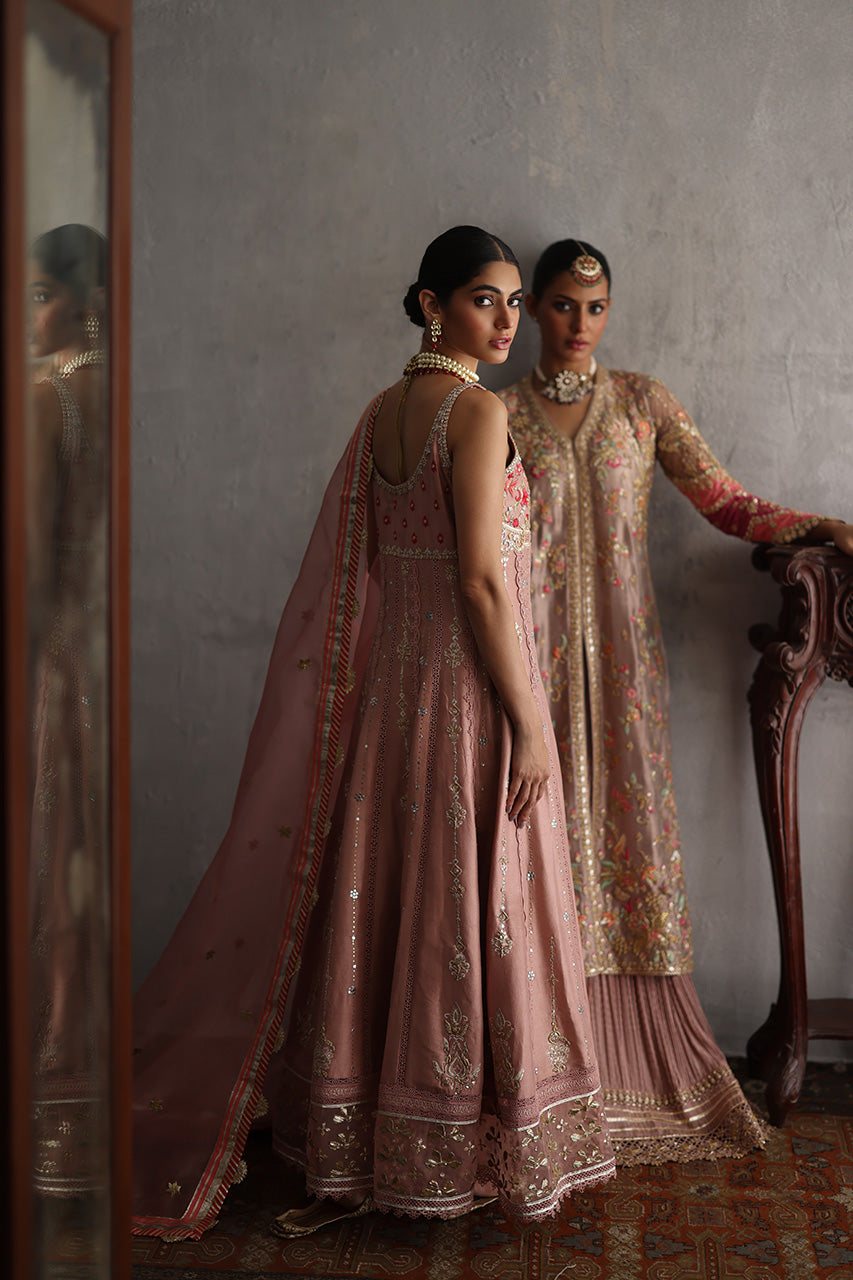 Pakistani Rose Gold Zardozi Meysuri Long Shirt & Lehenga (2-Piece) - Image 6