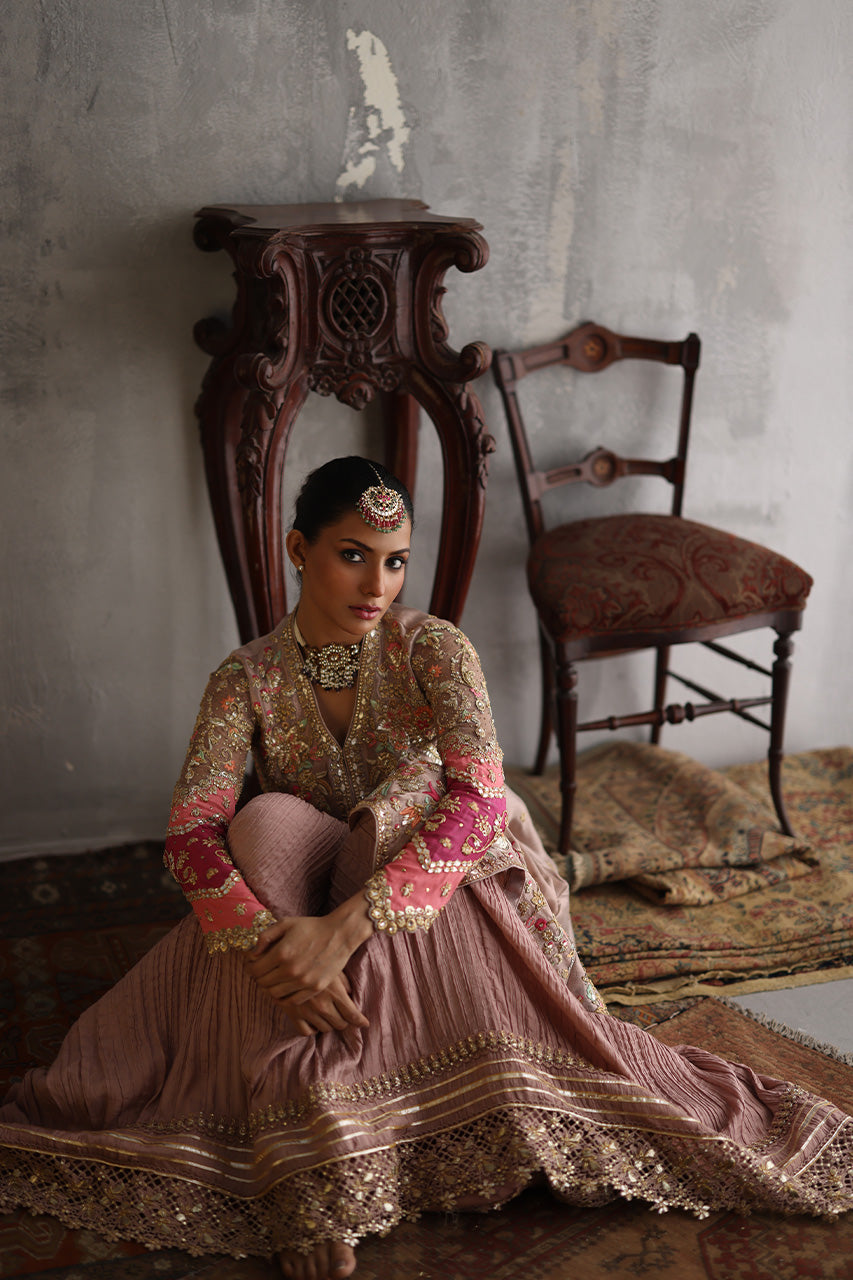 Pakistani Rose Gold Zardozi Meysuri Long Shirt & Lehenga (2-Piece) - Image 7