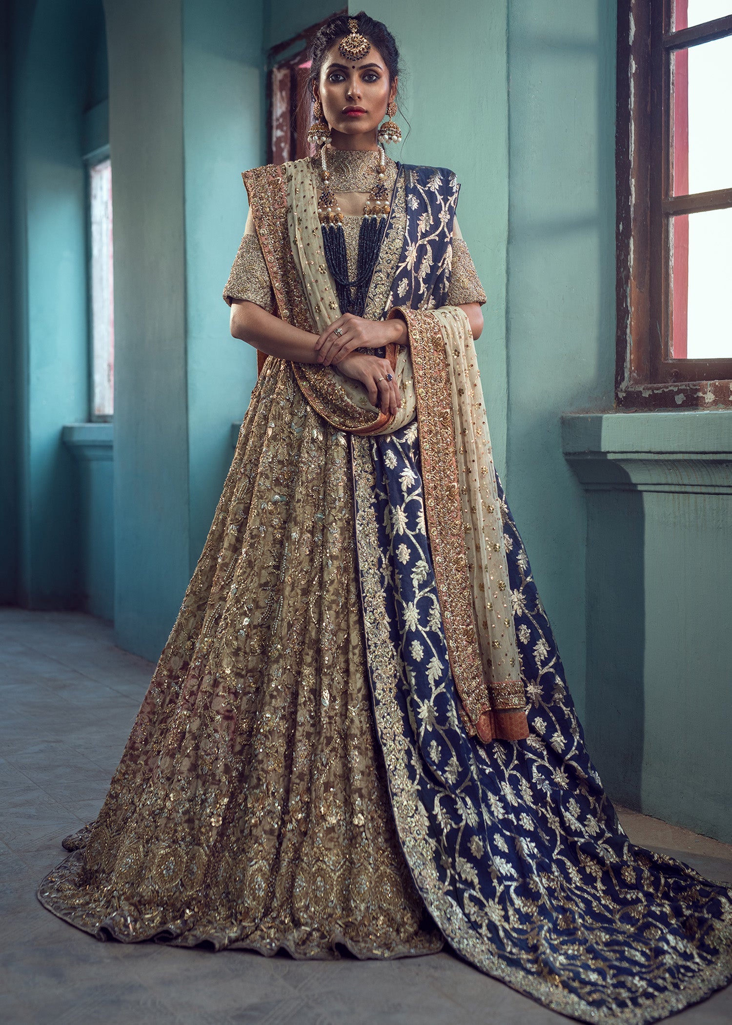 Gold Embellished Silk Maysori Lehenga (3-Piece) - Image 1