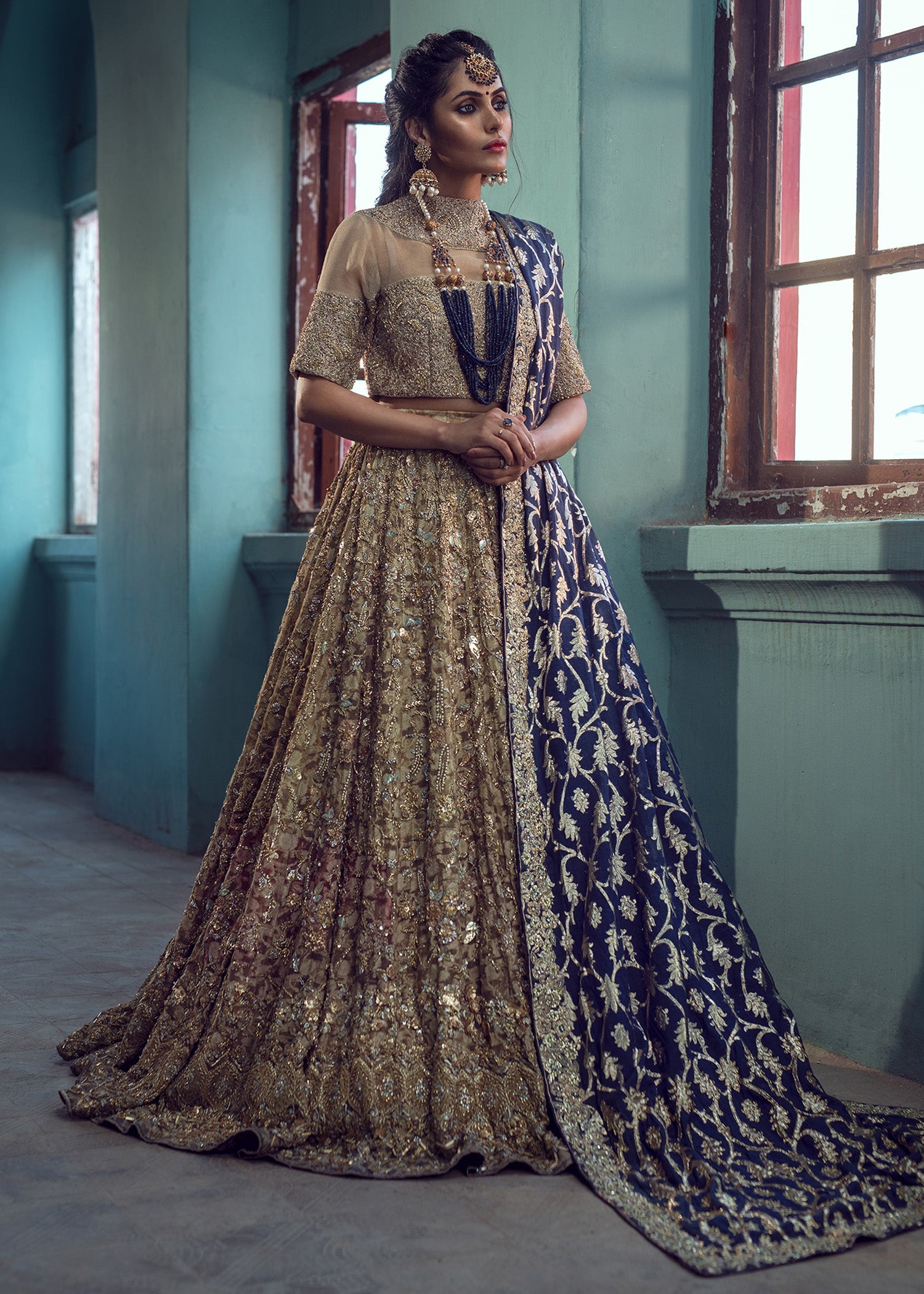 Gold Embellished Silk Maysori Lehenga (3-Piece) - Image 4