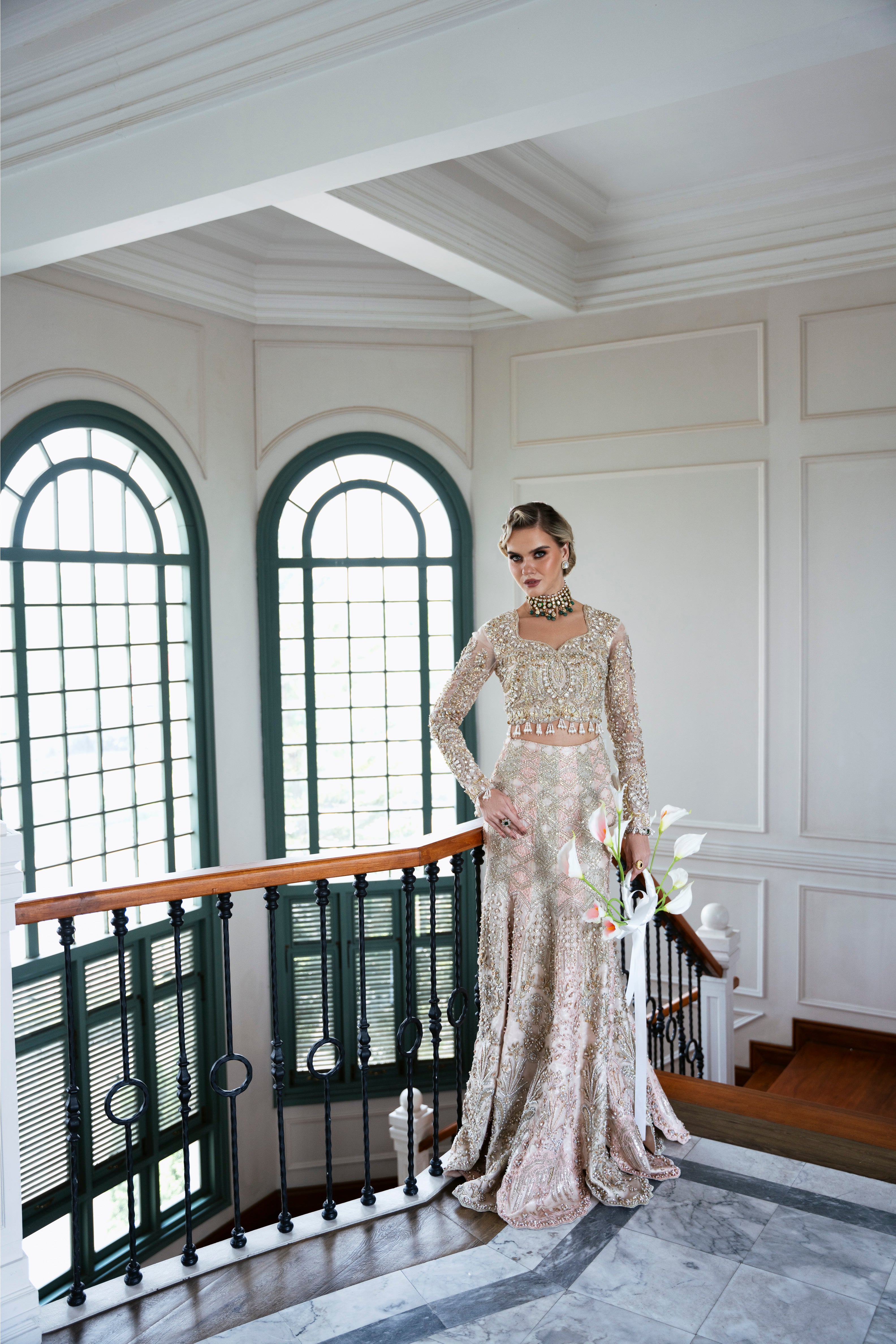 Pakistani Champagne Embroidered Fine Net Bridal Lehenga Choli (3-Piece) - Image 1