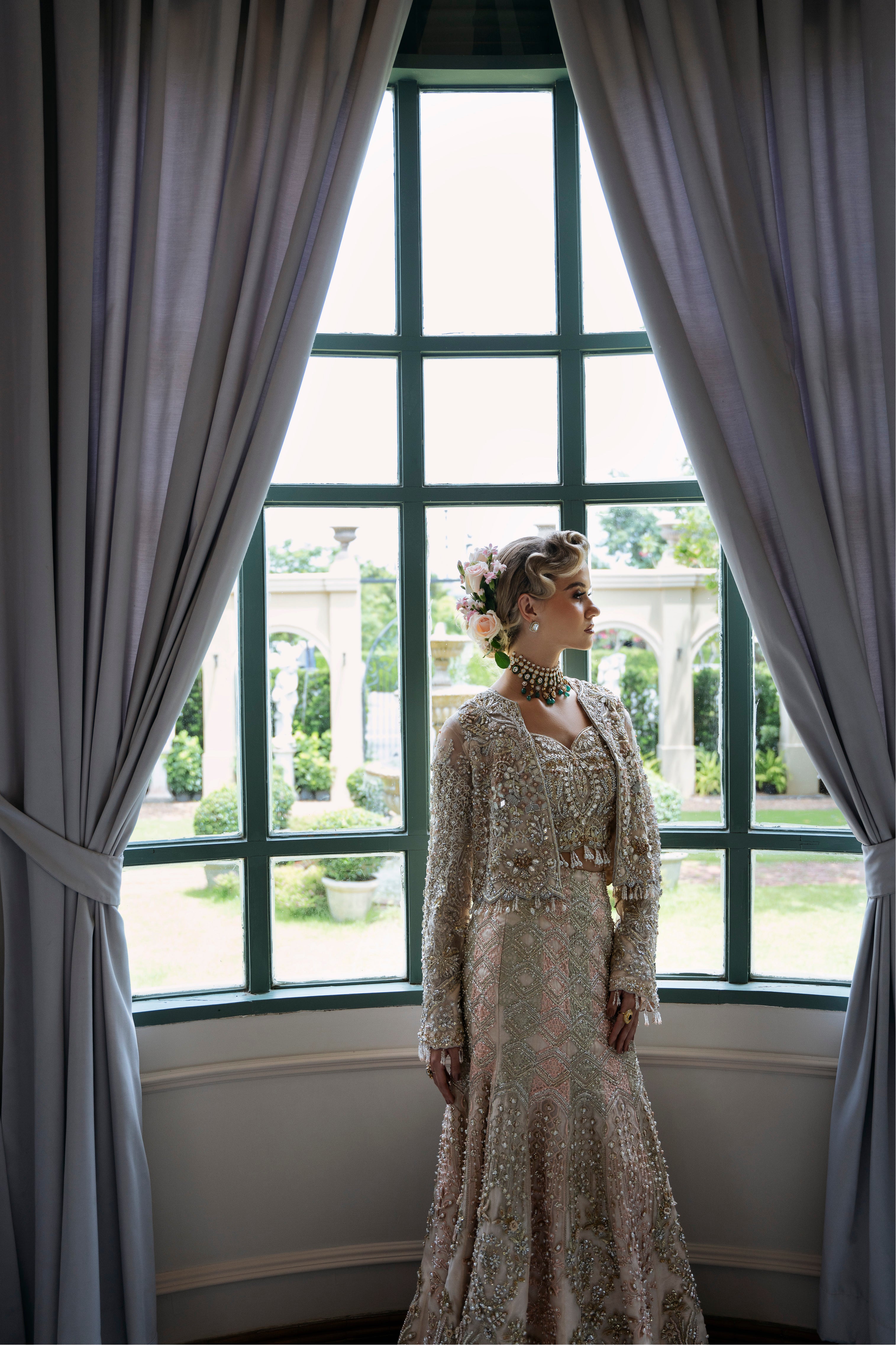 Pakistani Champagne Embroidered Fine Net Bridal Lehenga Choli (3-Piece) - Image 3