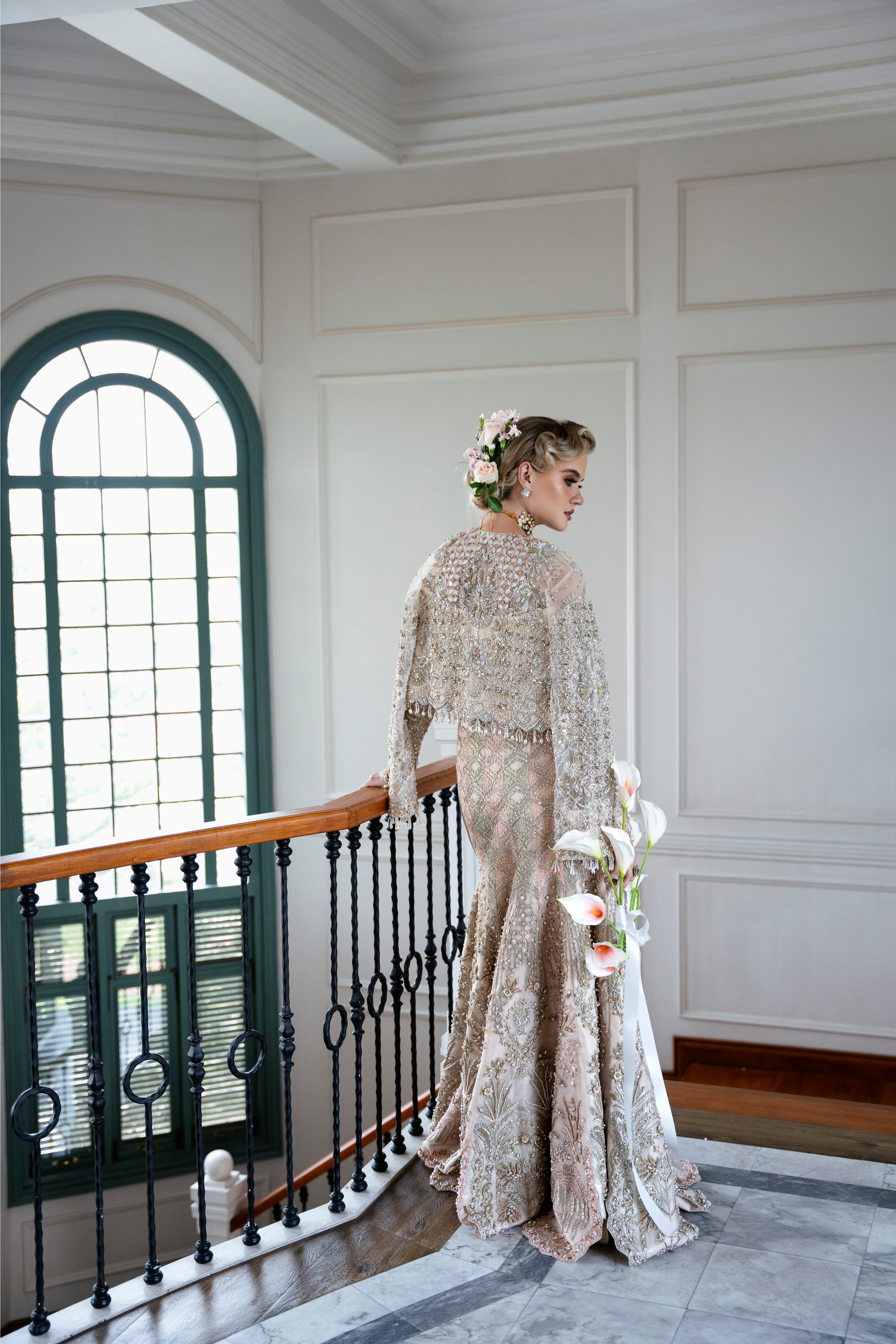 Pakistani Champagne Embroidered Fine Net Bridal Lehenga Choli (3-Piece) - Image 8