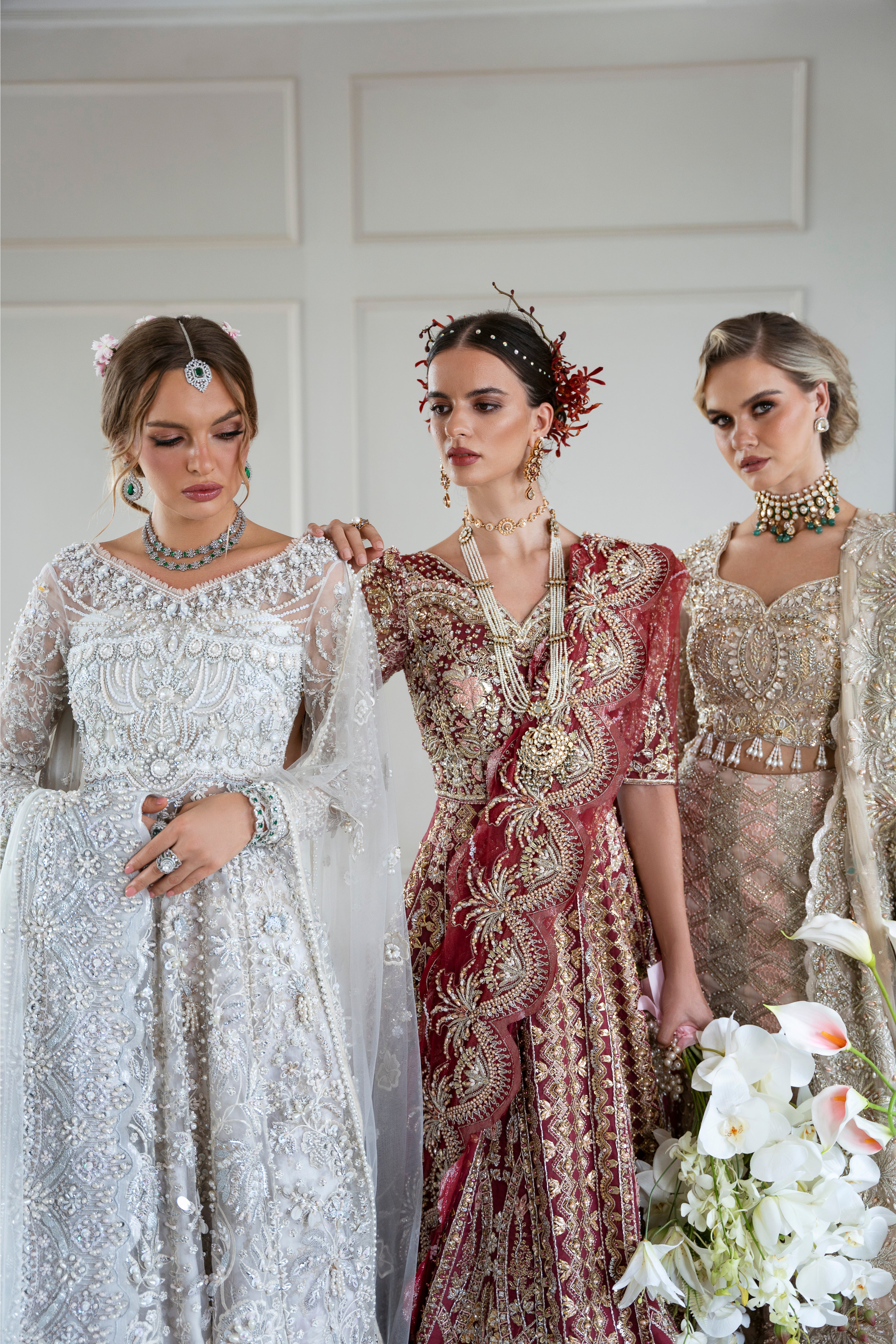 Pakistani Champagne Embroidered Fine Net Bridal Lehenga Choli (3-Piece) - Image 9