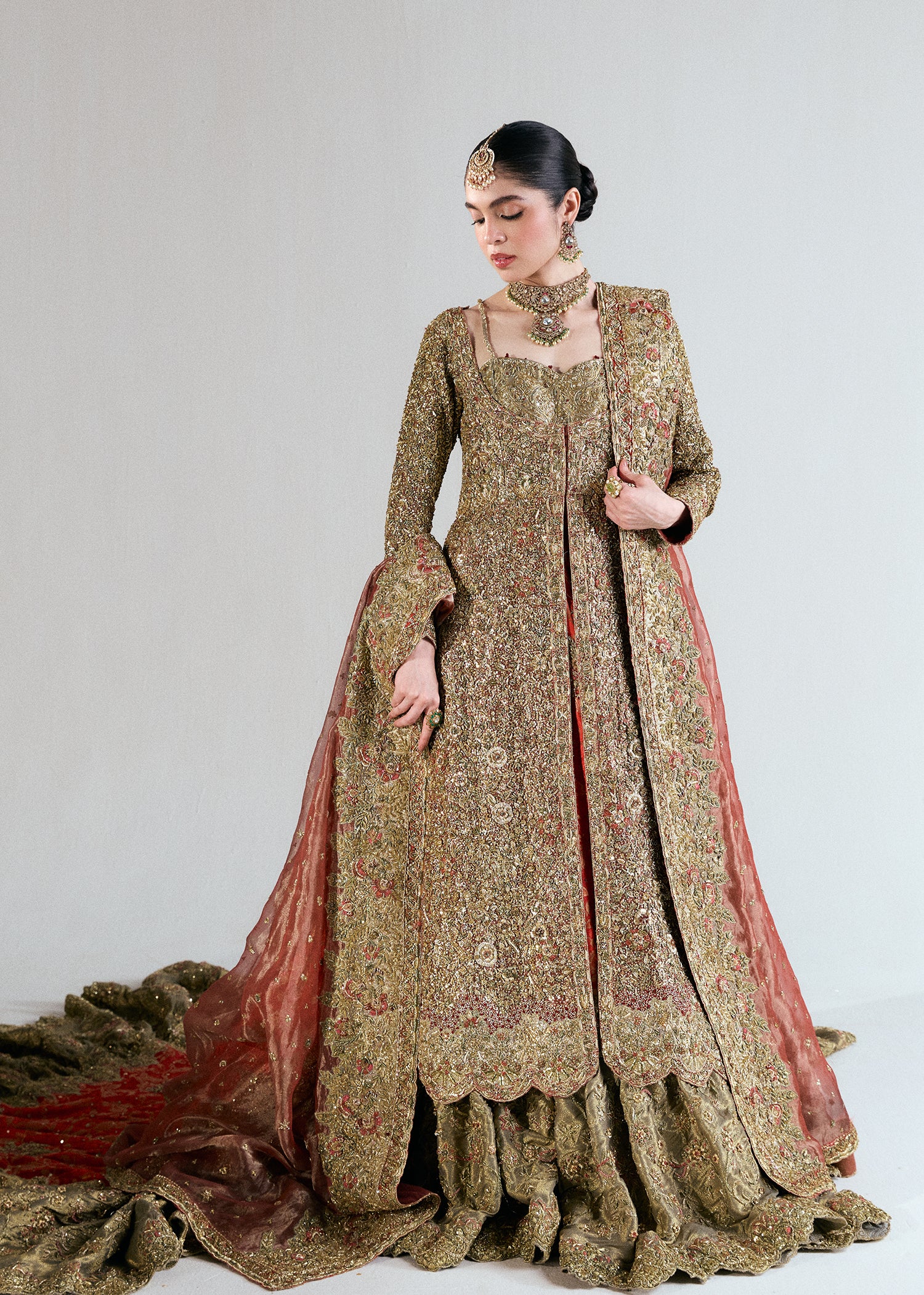Pakistani Desert Sun Embellished Silk Farshi Lehenga (4-Piece) - Image 1