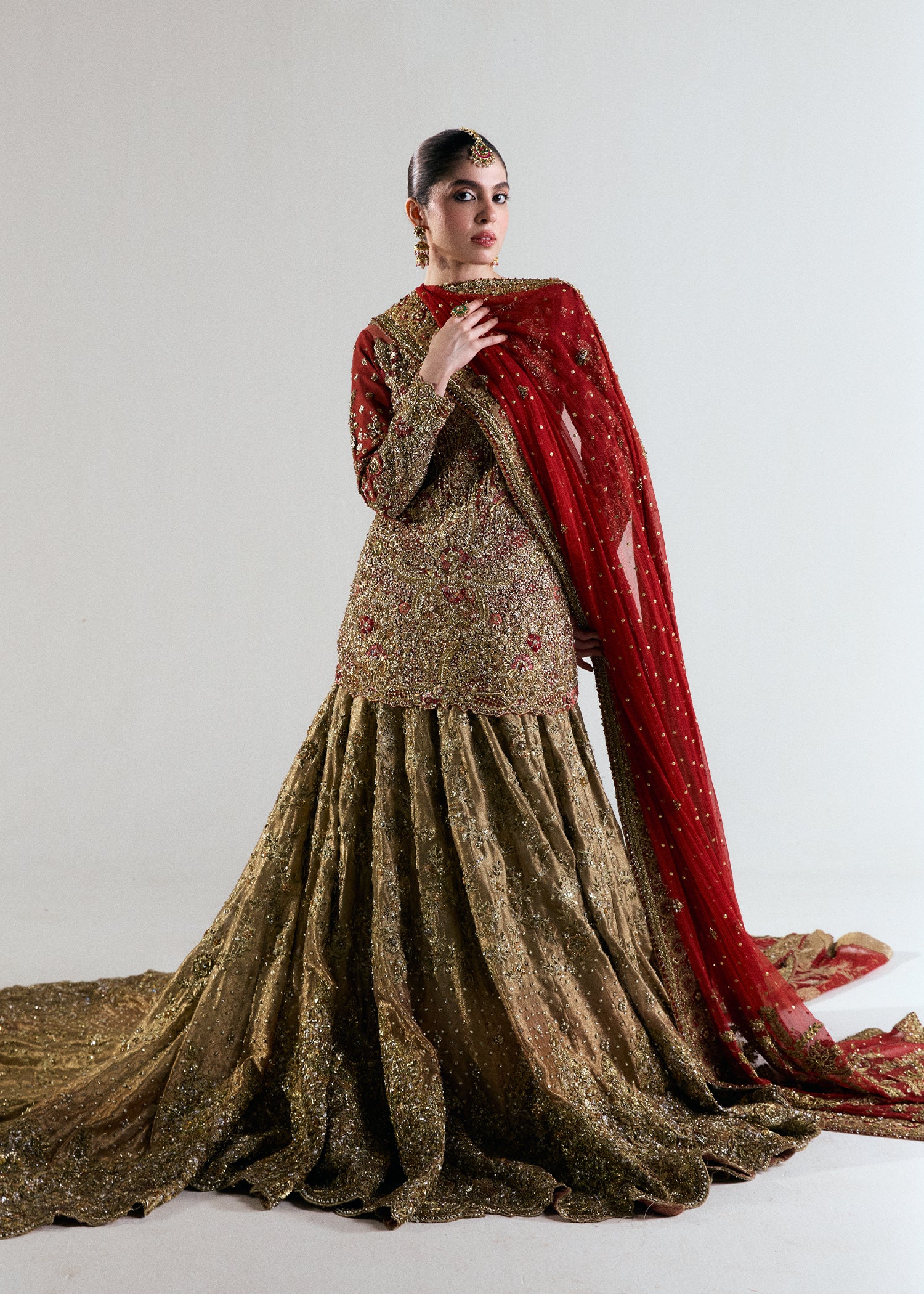 Champagne Gold Embroidered French Net Bridal Lehenga (3-Piece) - Image 1