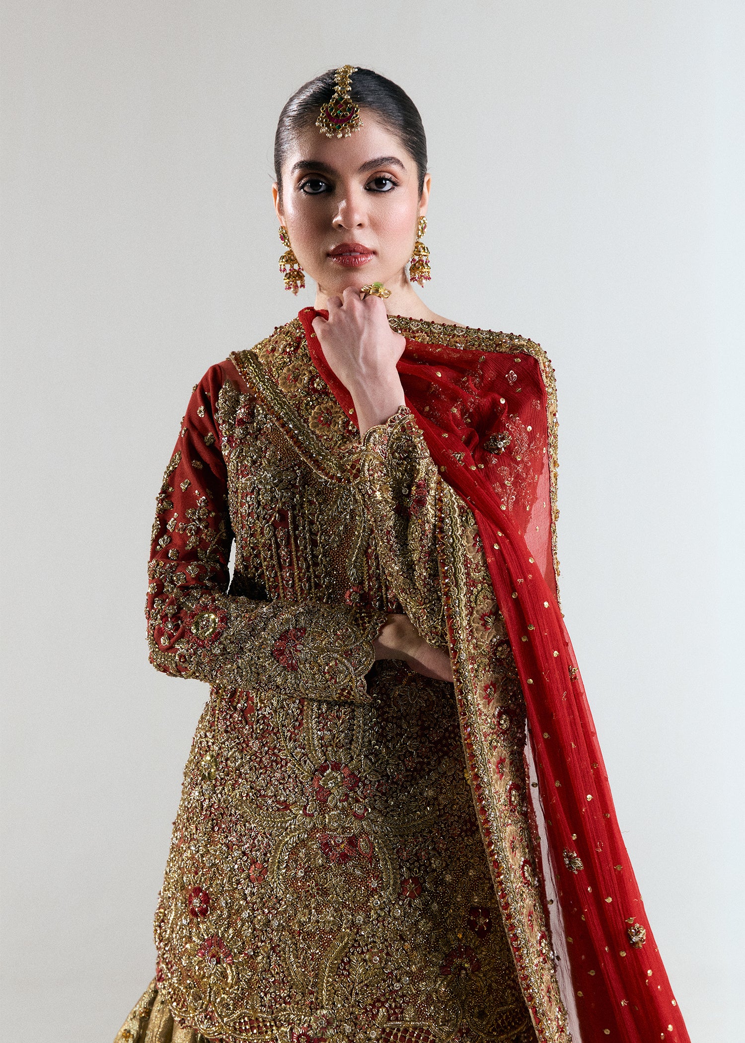 Champagne Gold Embroidered French Net Bridal Lehenga (3-Piece) - Image 2