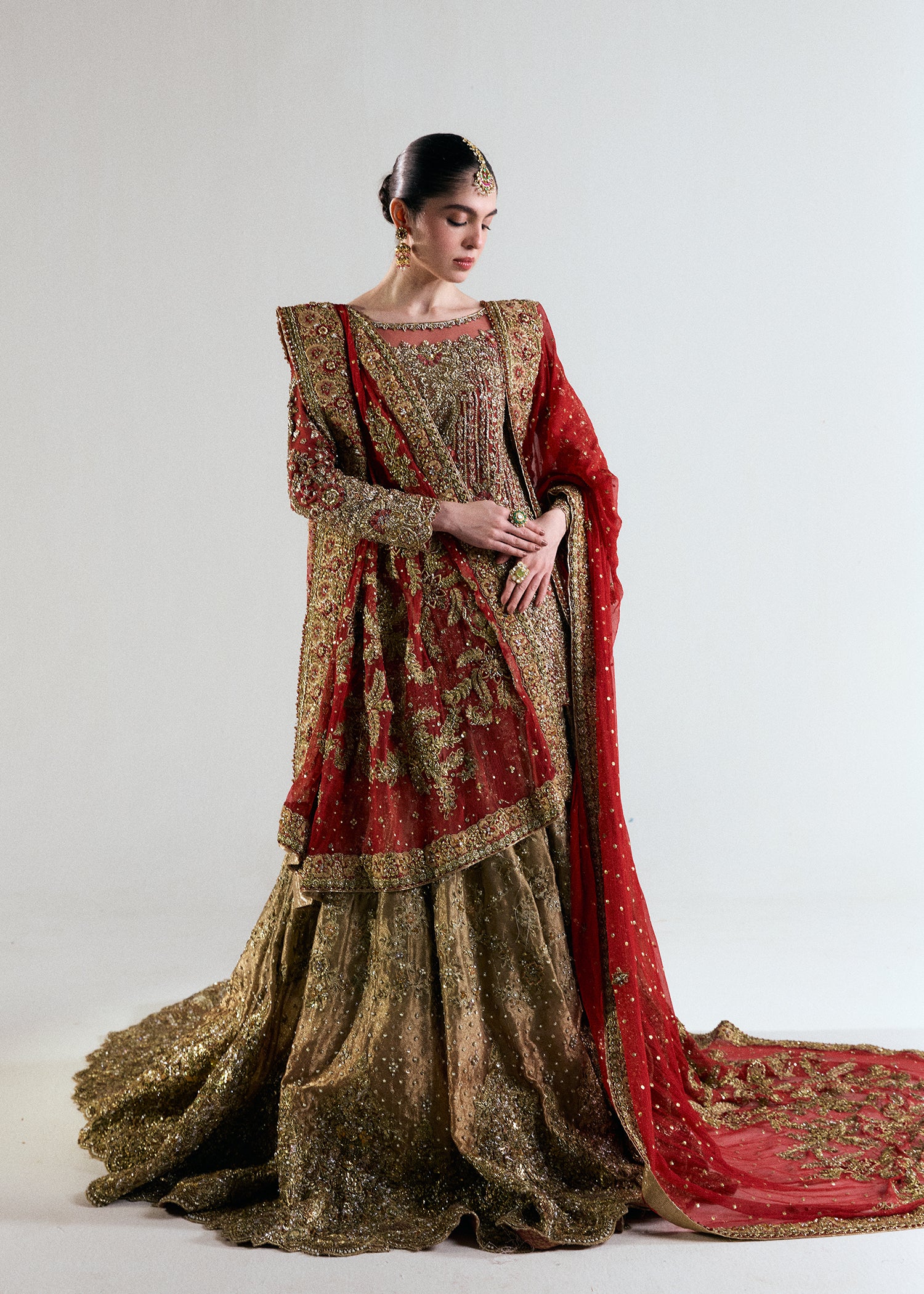 Champagne Gold Embroidered French Net Bridal Lehenga (3-Piece) - Image 4