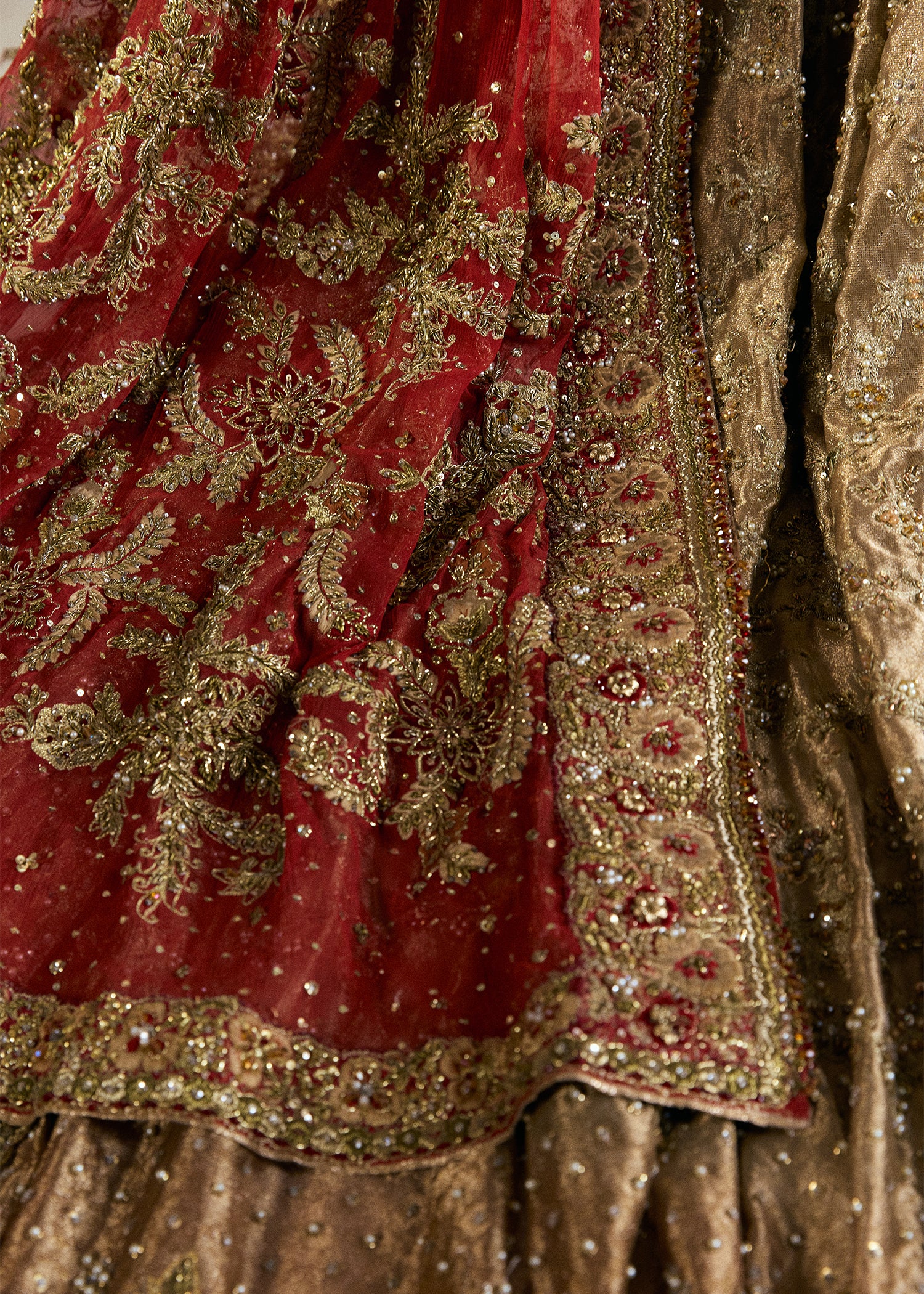 Champagne Gold Embroidered French Net Bridal Lehenga (3-Piece) - Image 7