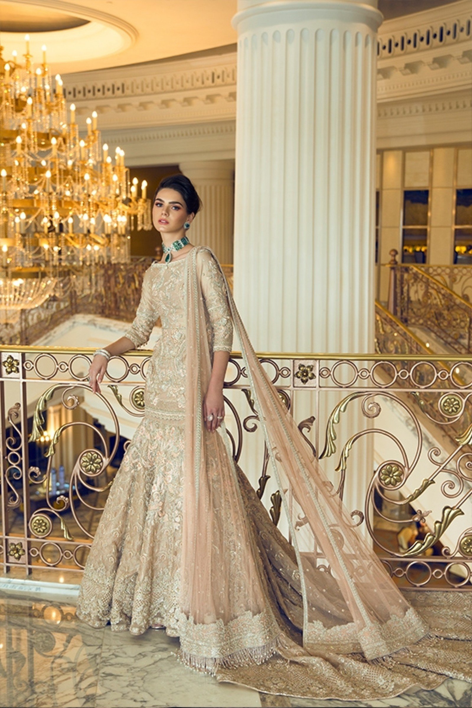 Champagne Embroidered French Lamé Lehenga (3-Piece) - Image 1