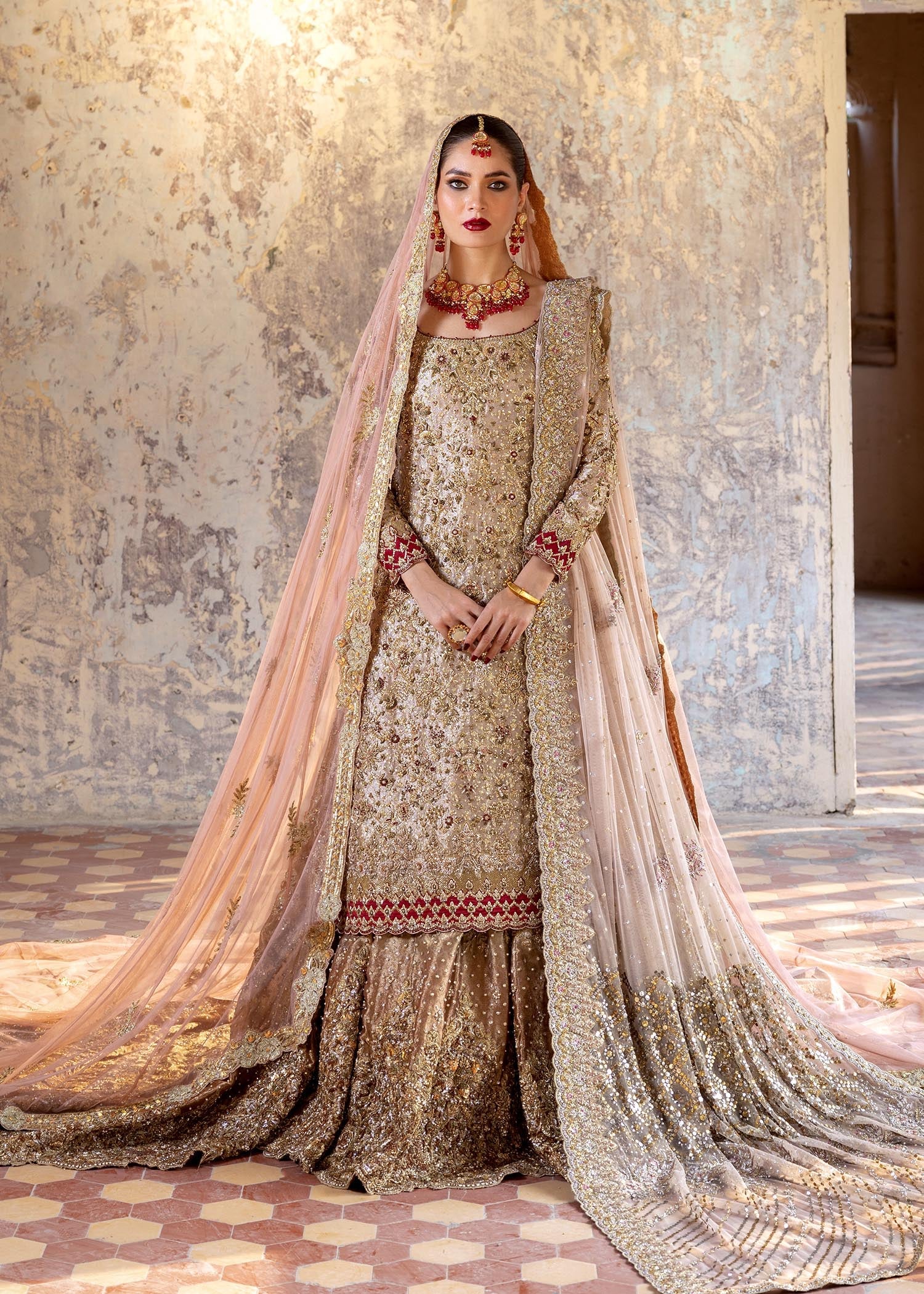 Pakistani Rose Gold Zardozi Pure Lame & Tissue Bridal Lehenga (4-Piece) - Image 1