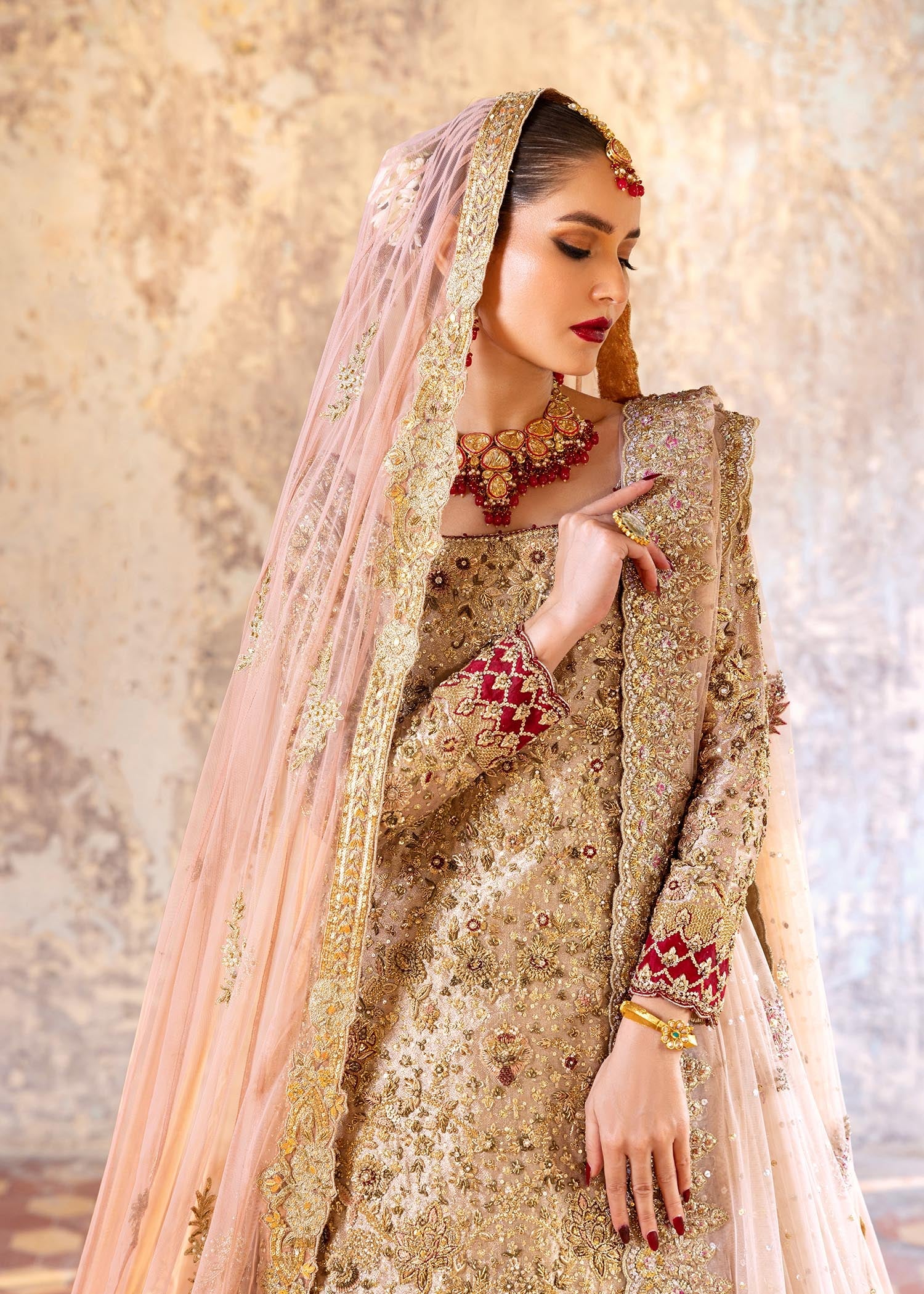 Pakistani Rose Gold Zardozi Pure Lame & Tissue Bridal Lehenga (4-Piece) - Image 3