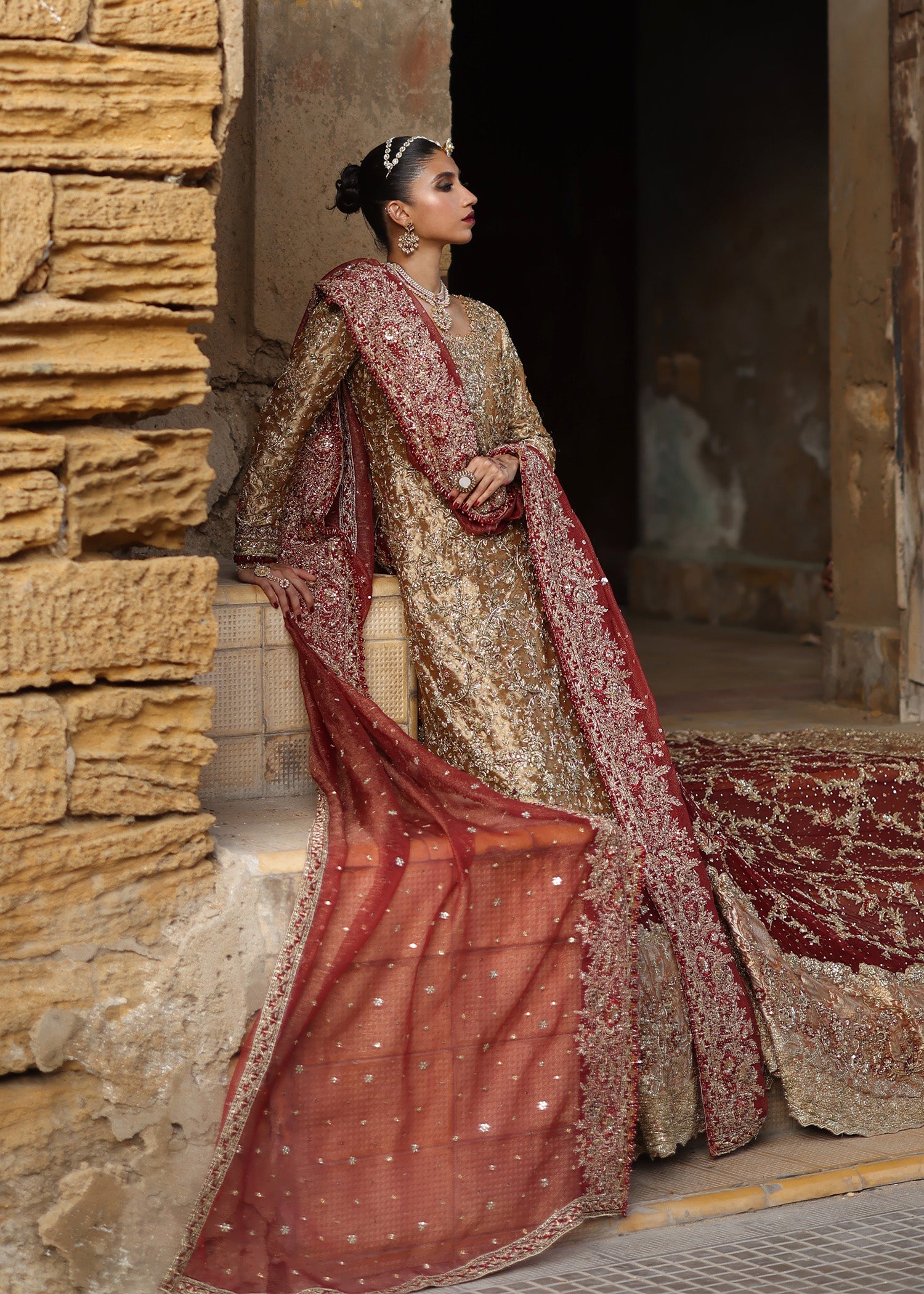 Honey Gold Zardozi French Lame Bridal Lehenga (3-Piece) - Image 3